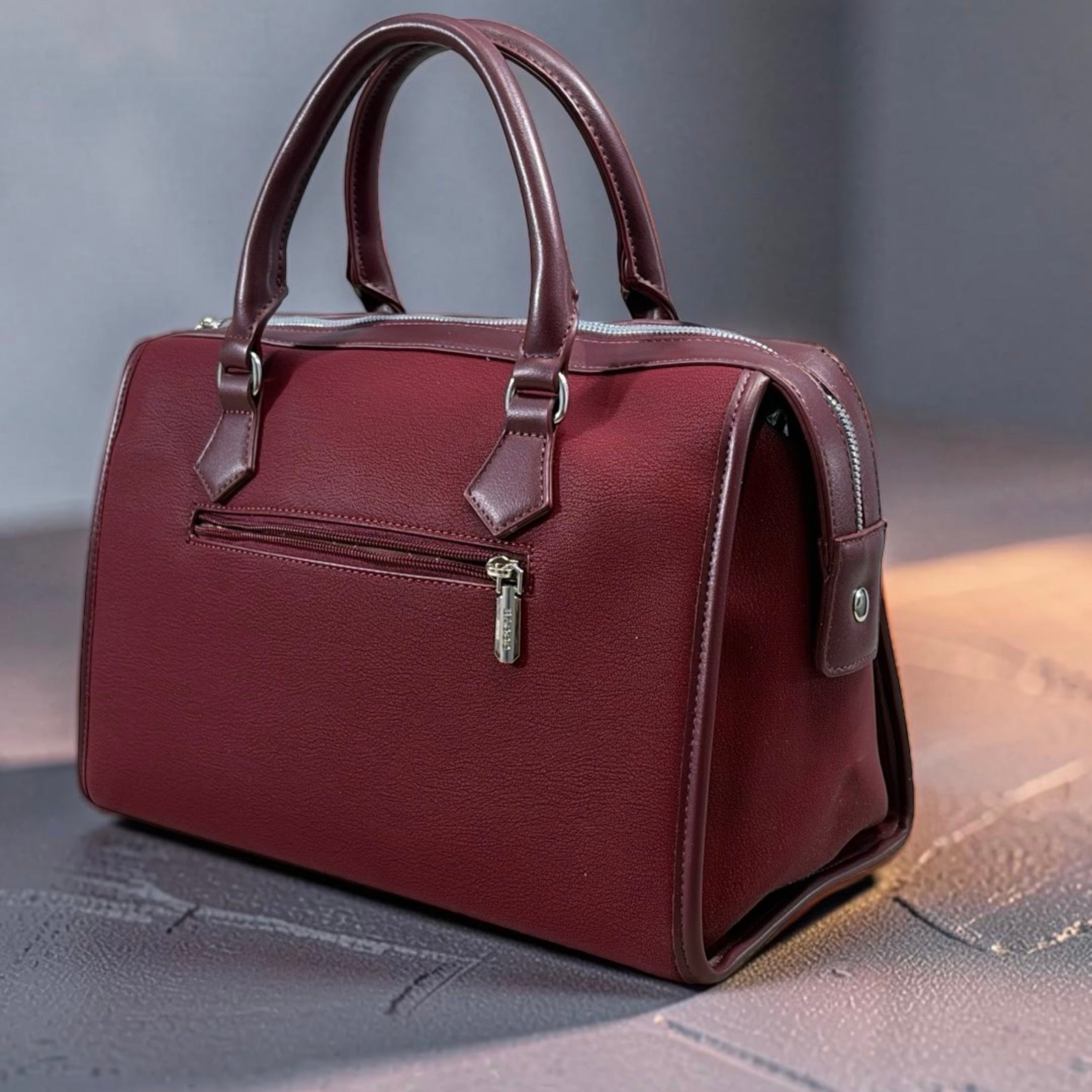 Bagco Double Front Zip Two-Tone Bag in Burgundy