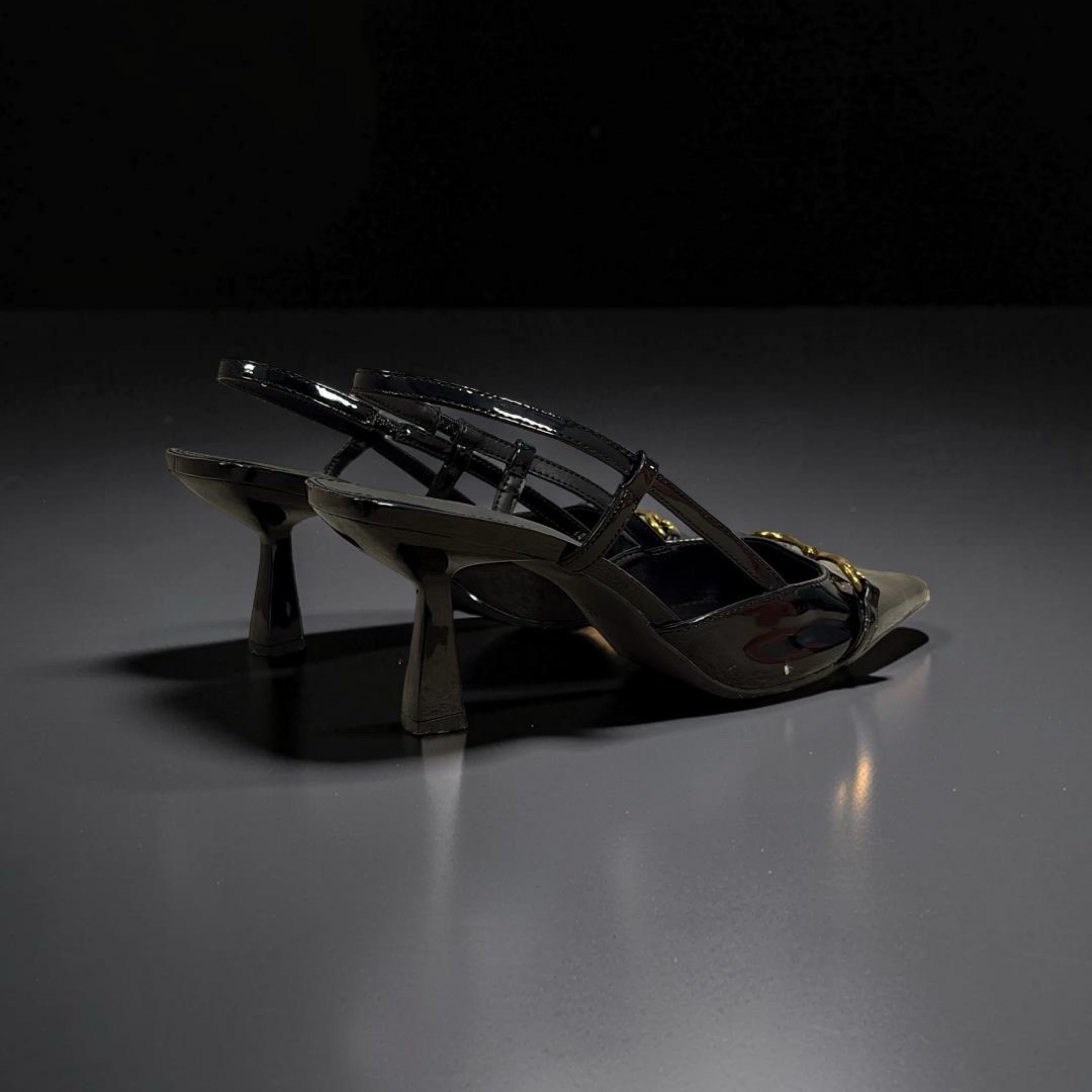 On Feet & In Love Bell Detail Pointed Toe Slingback Heels in Black