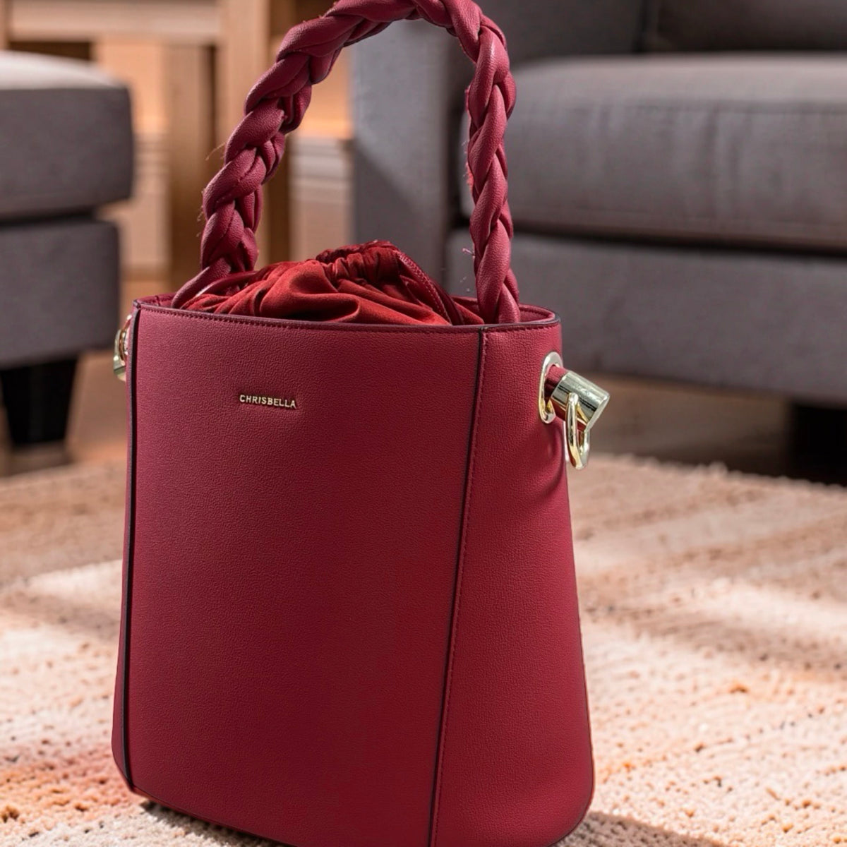 Chrisbella Drawstring Bucket Bag in Red