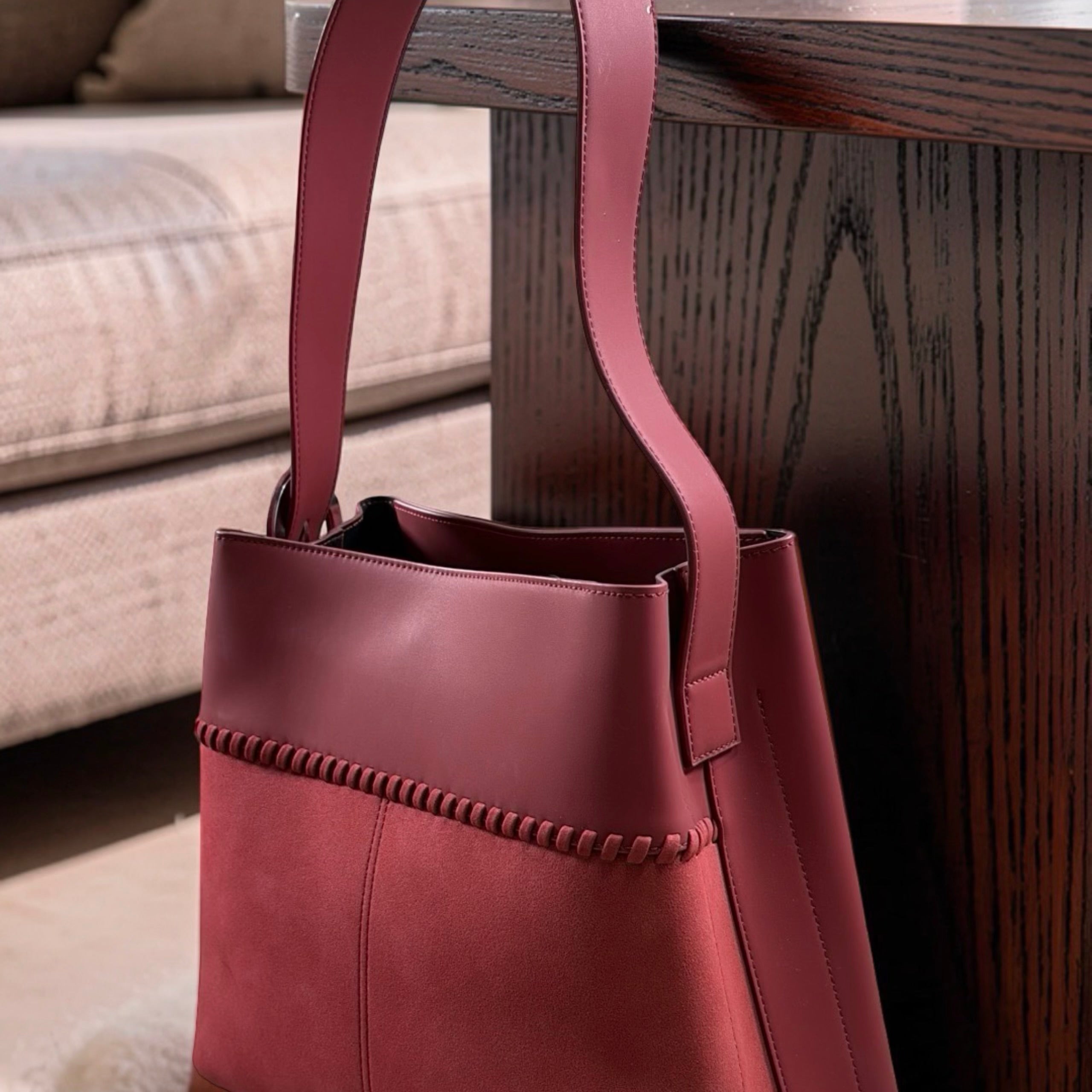 Chrisbella Single Belt Strap Bag Suede Detail Bag in Wine