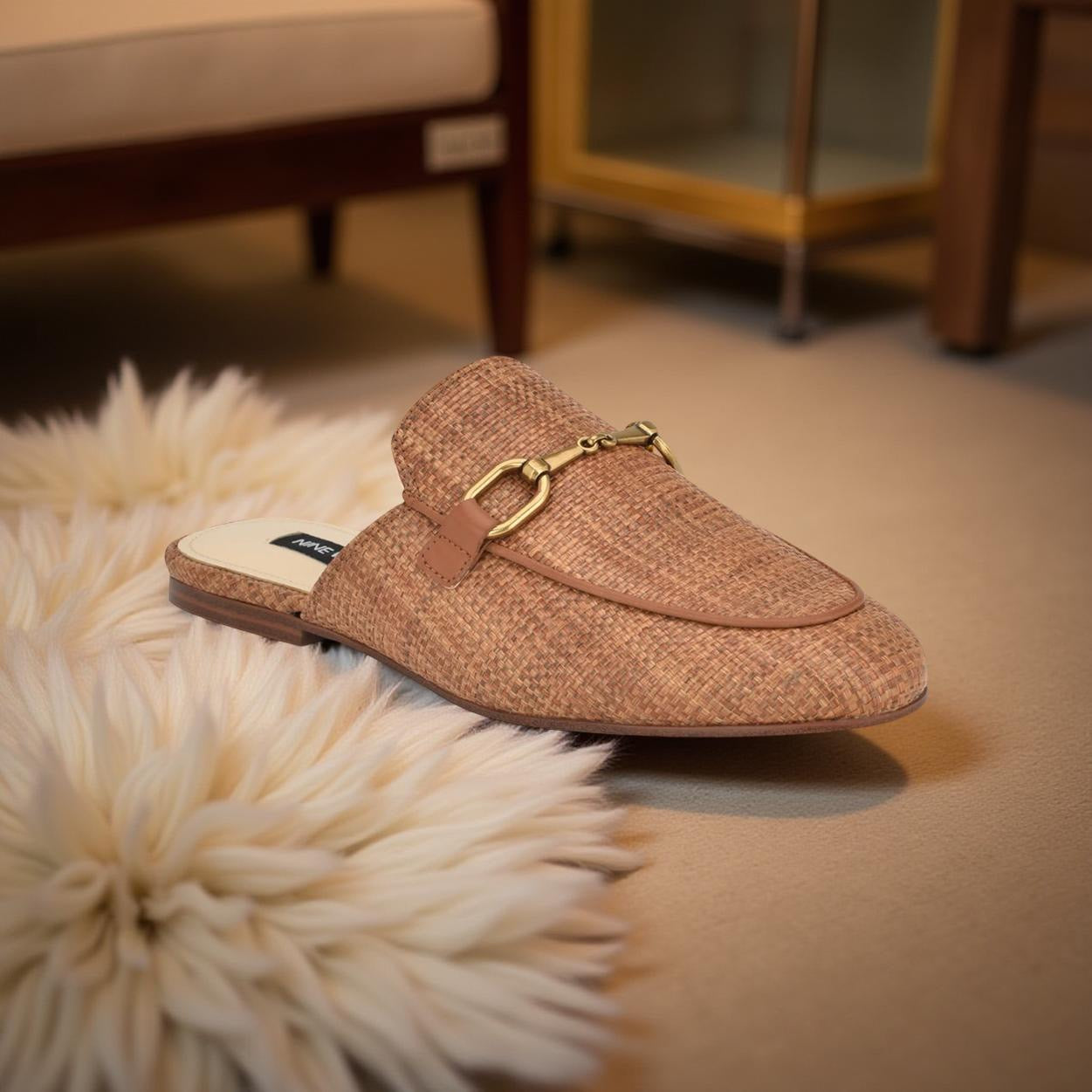 Nine West Faux Raffia Mule in Brown