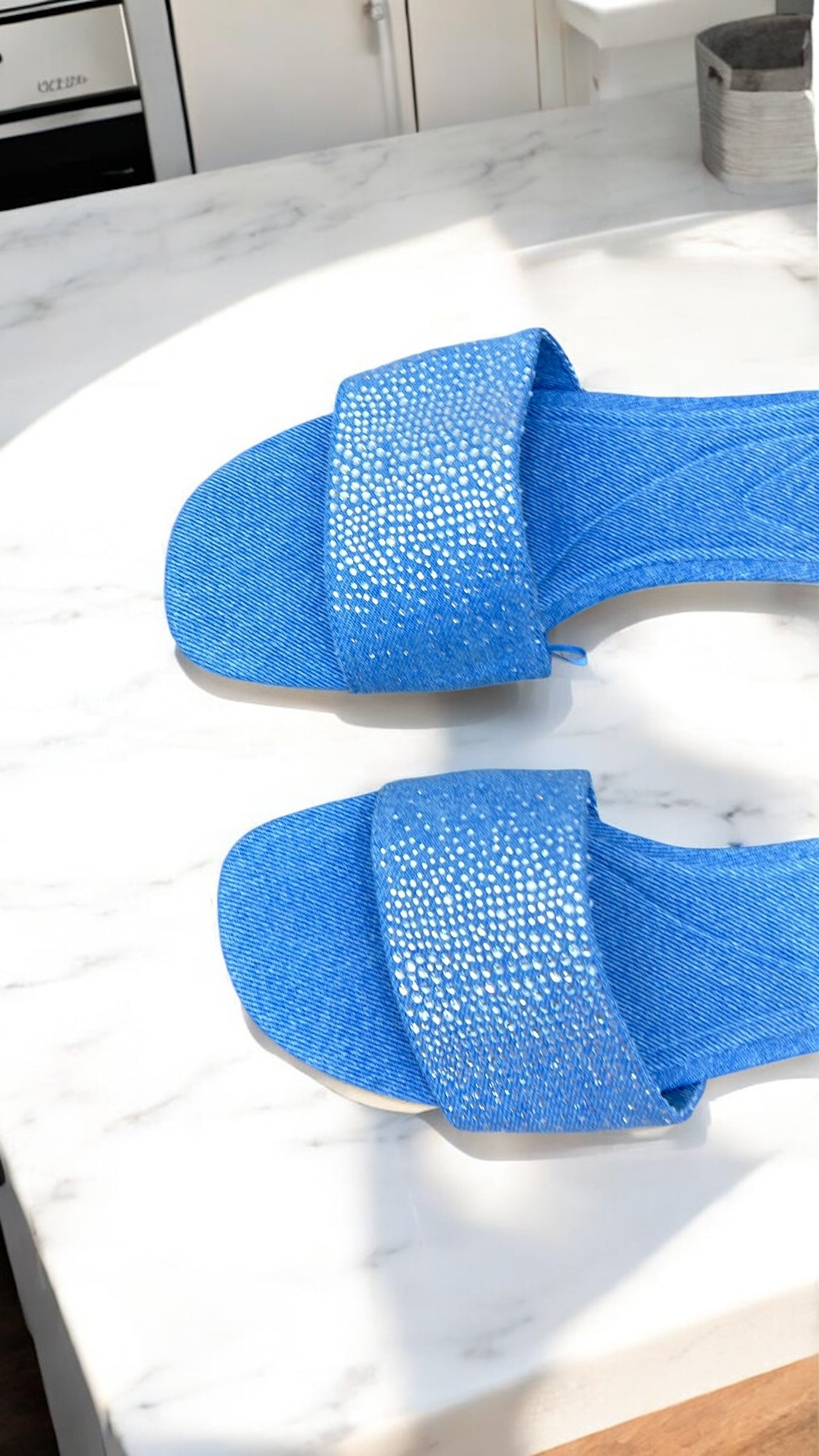 ZARA EMBELLISHED DENIM SLIDE BLUE