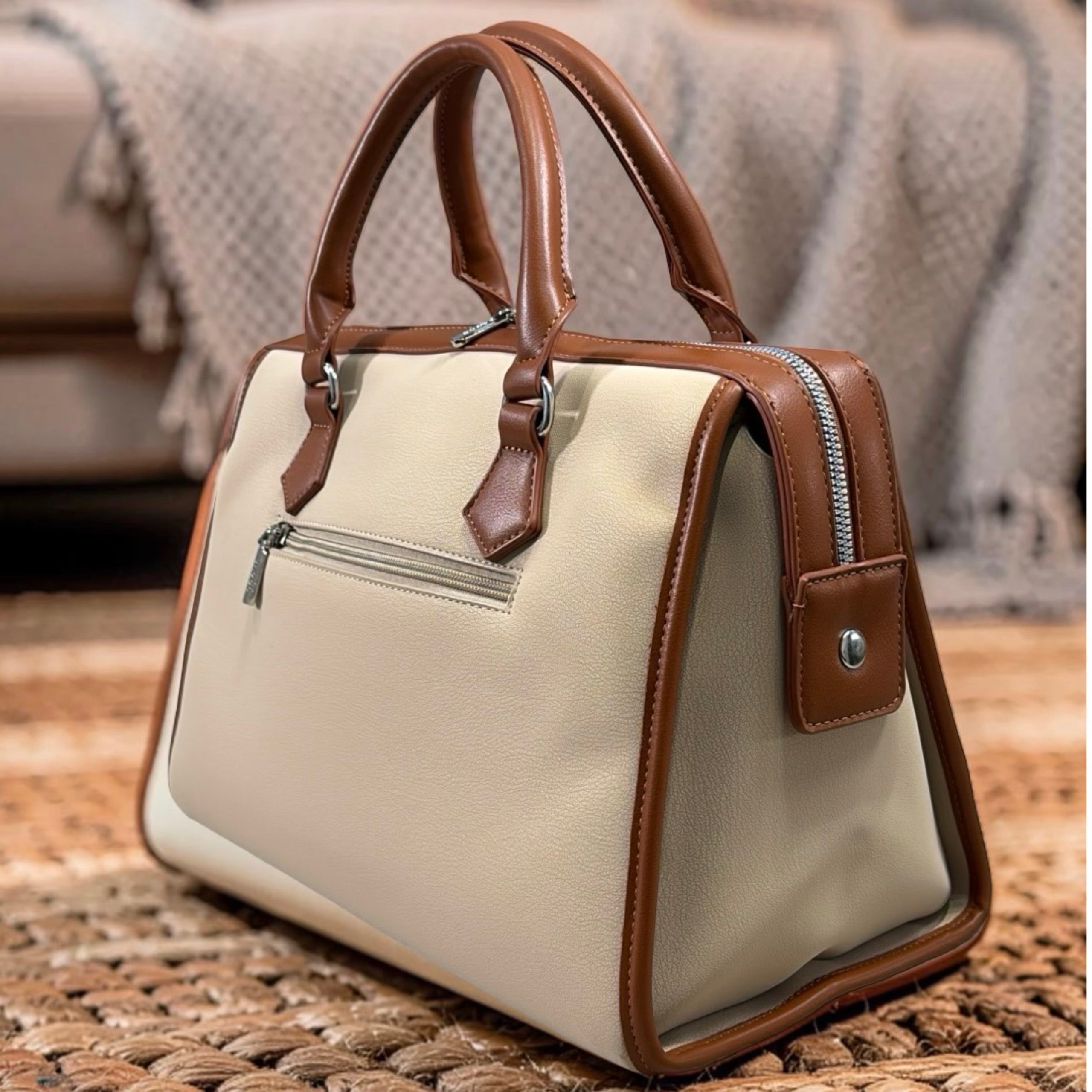 Bagco Double Front Zip Two-Tone Bag in Brown/Beige