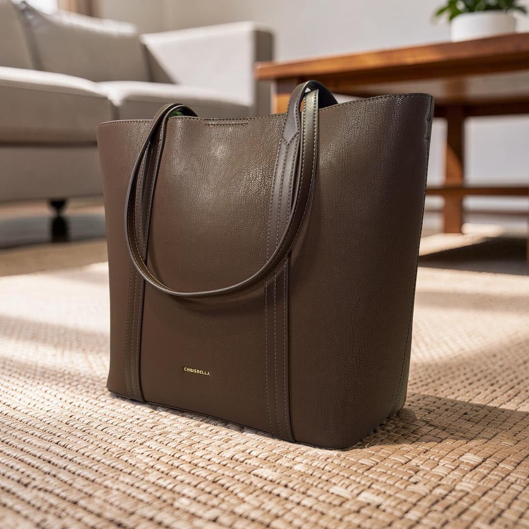 Chrisbella Large Matte Leather Bag in Coffee