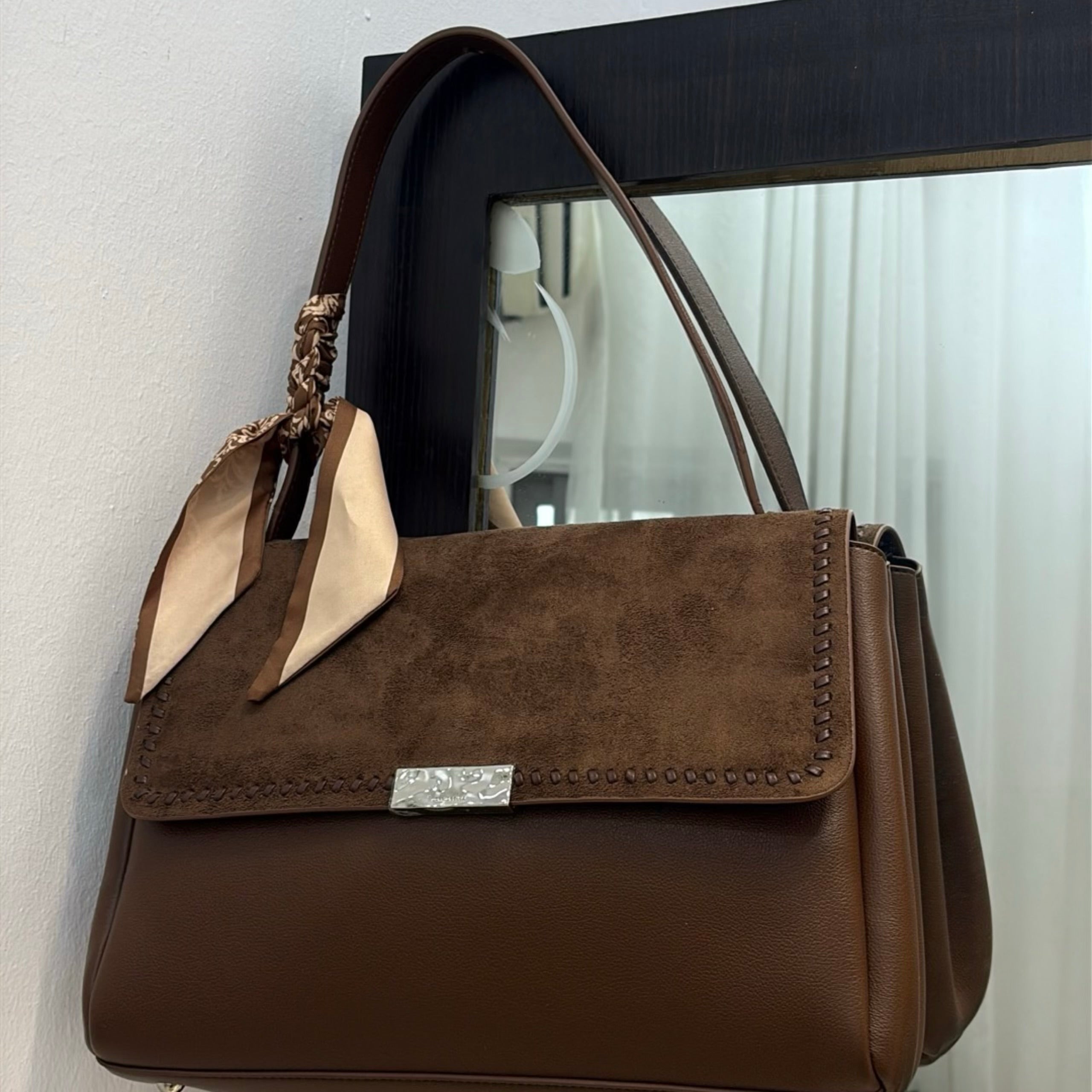 Chrisbella Suede Flap Single Shoulder Strap Bag in Coffee