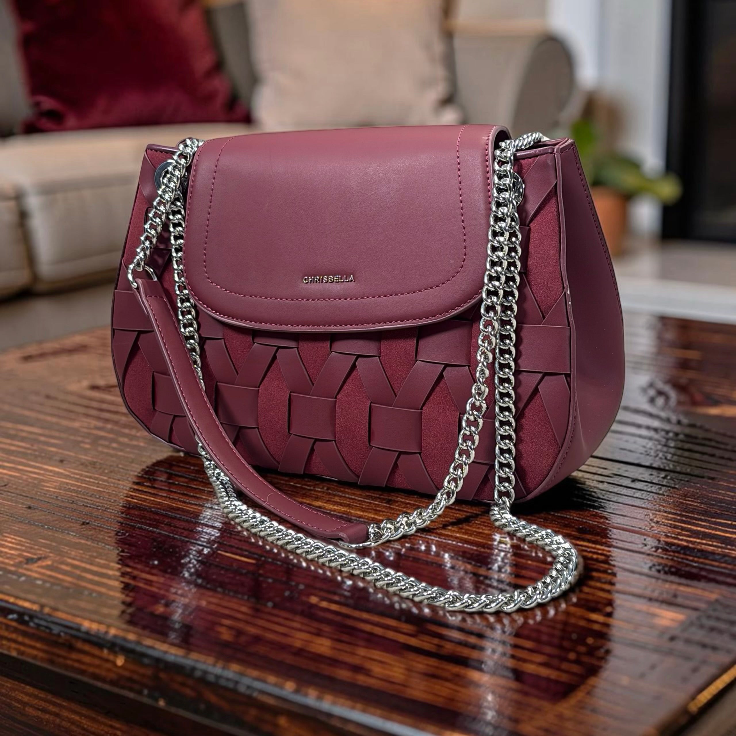Chrisbella Woven Detail Chain Handle Sling bag in Burgundy