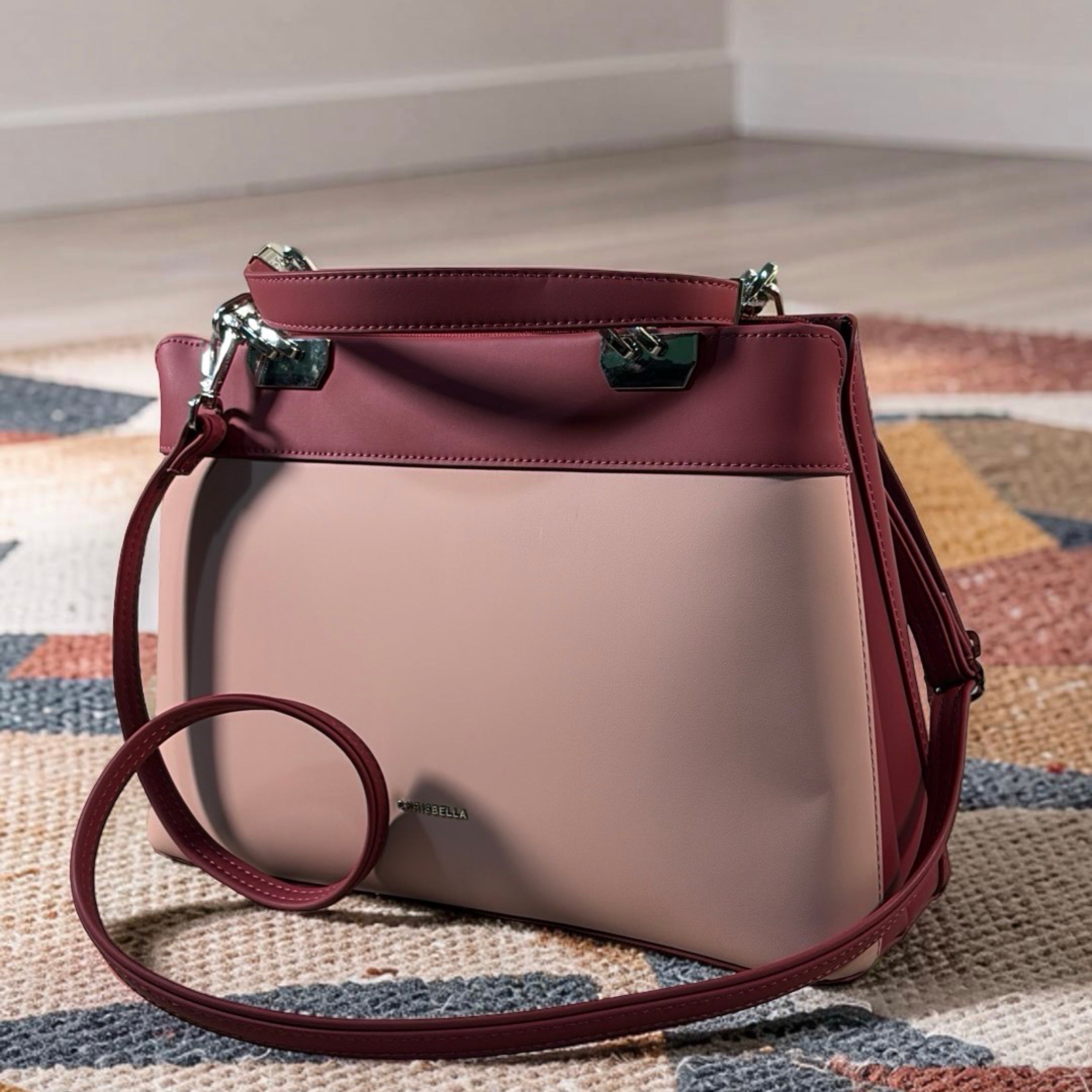 Chrisbella Metal Detail Double Handle 2-in-1 Bag in Wine
