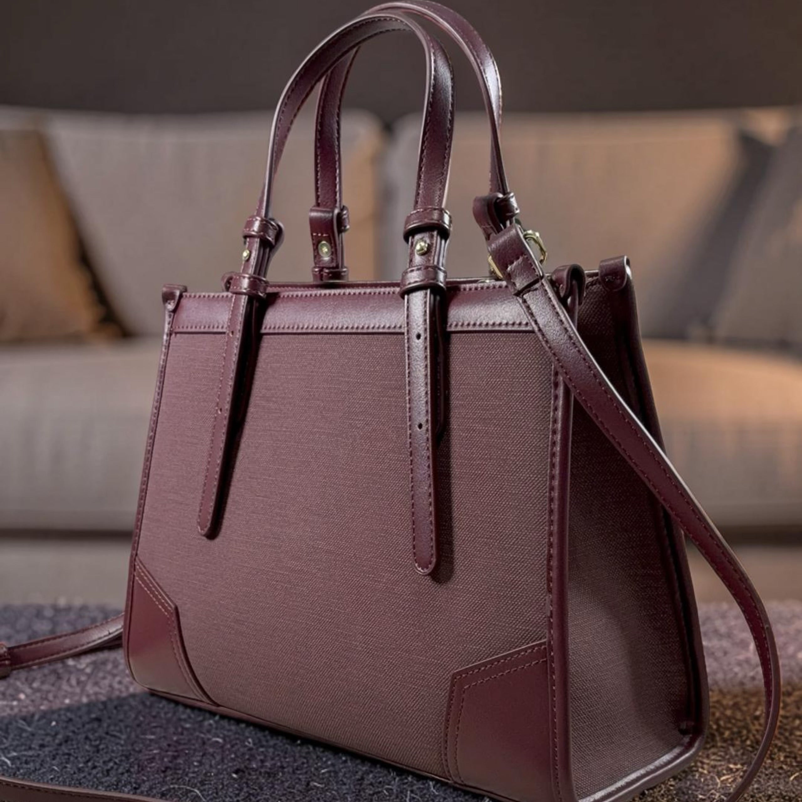Chrisbella Double Top Handle Leather Tapping Bag in Burgundy