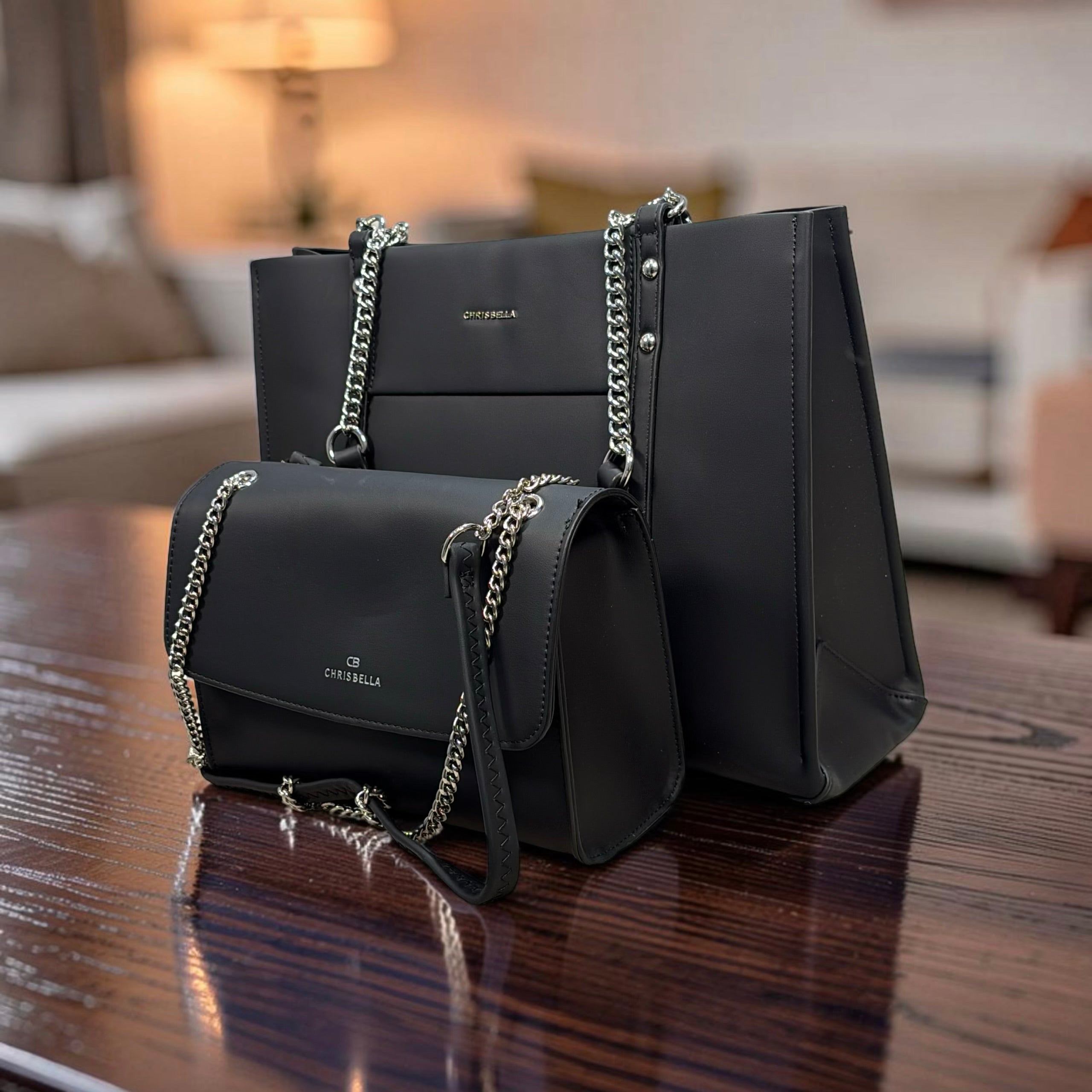 Chrisbella Two-Tone Chain Handle Bag in Black