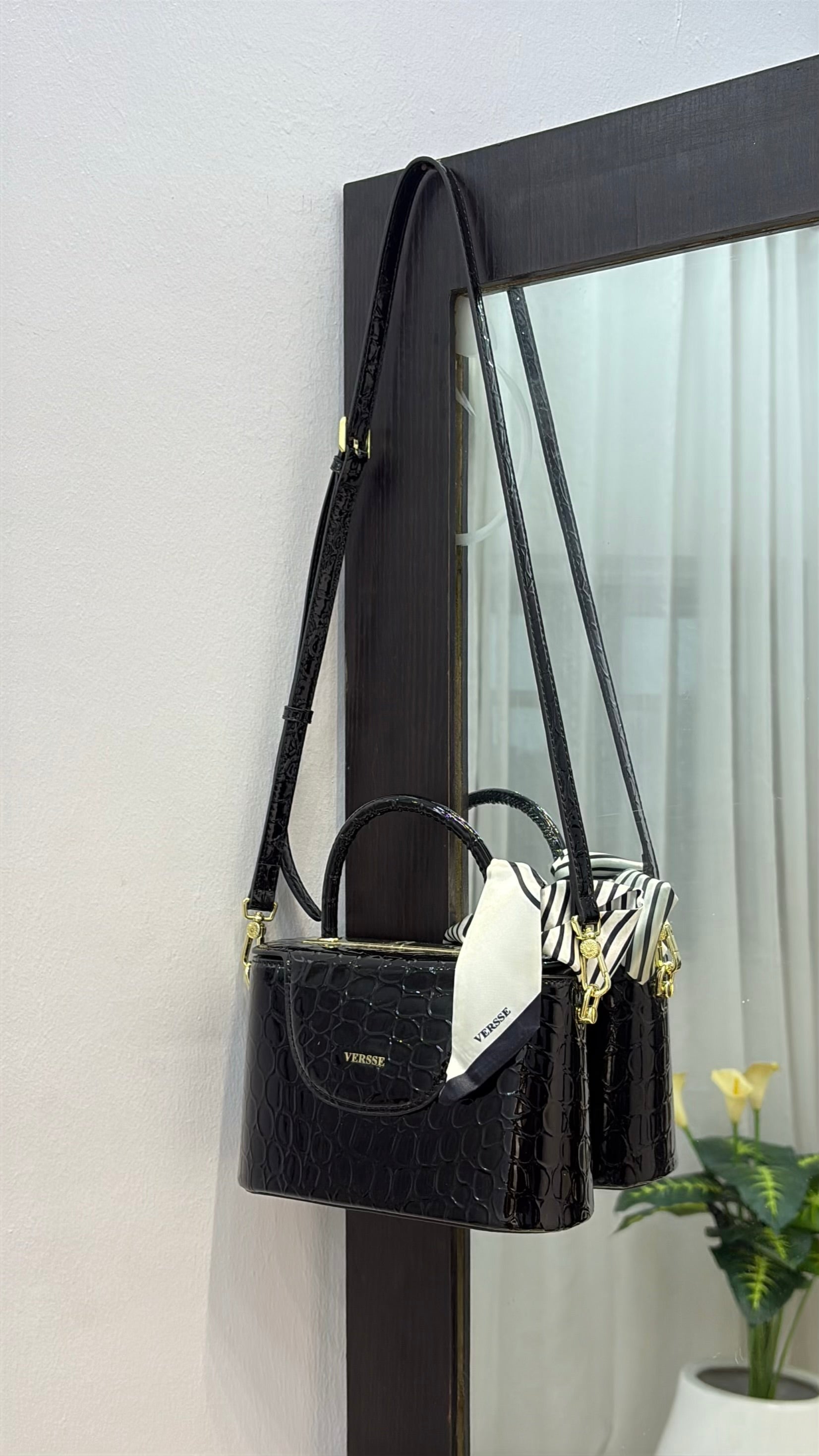 Versse Top Handle Faux Croc Skin Mini Bag in Black