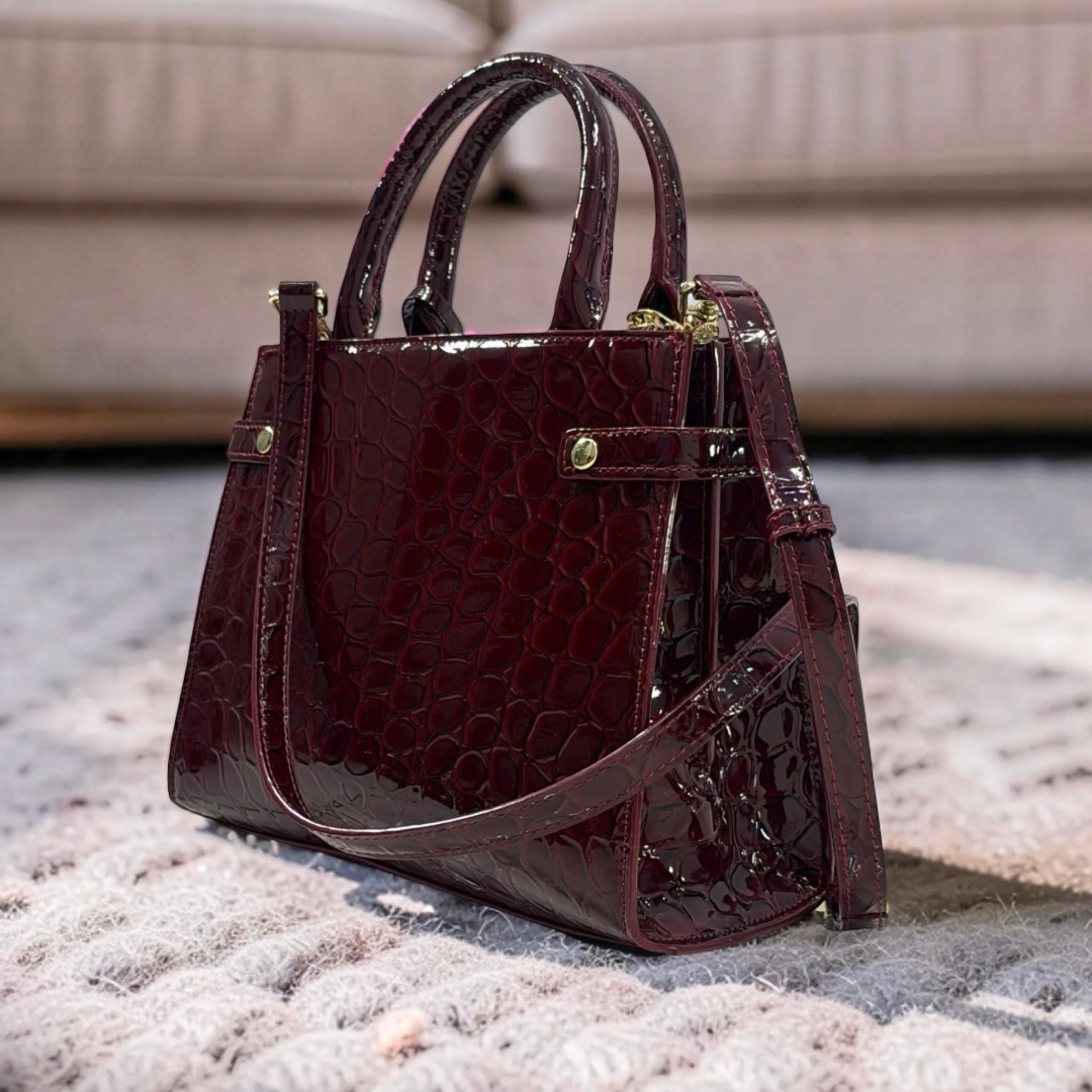 Versse Structured Leather Faux Croc Skin Bag in Burgundy