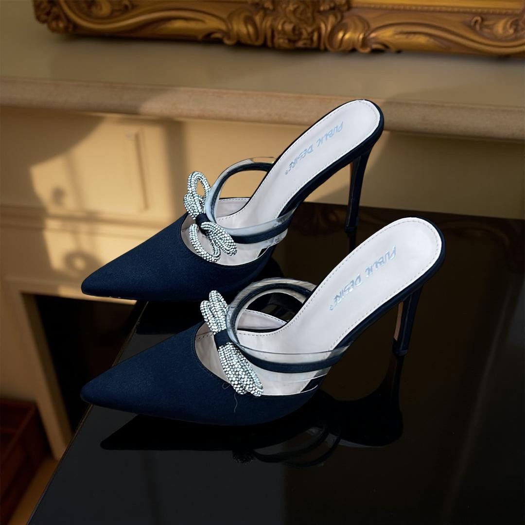 Public Desire Satin Embellished Bow Pointed Toe Mule in Black