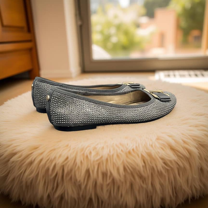 Dune Embellished Almond Toe Ballerina in Grey
