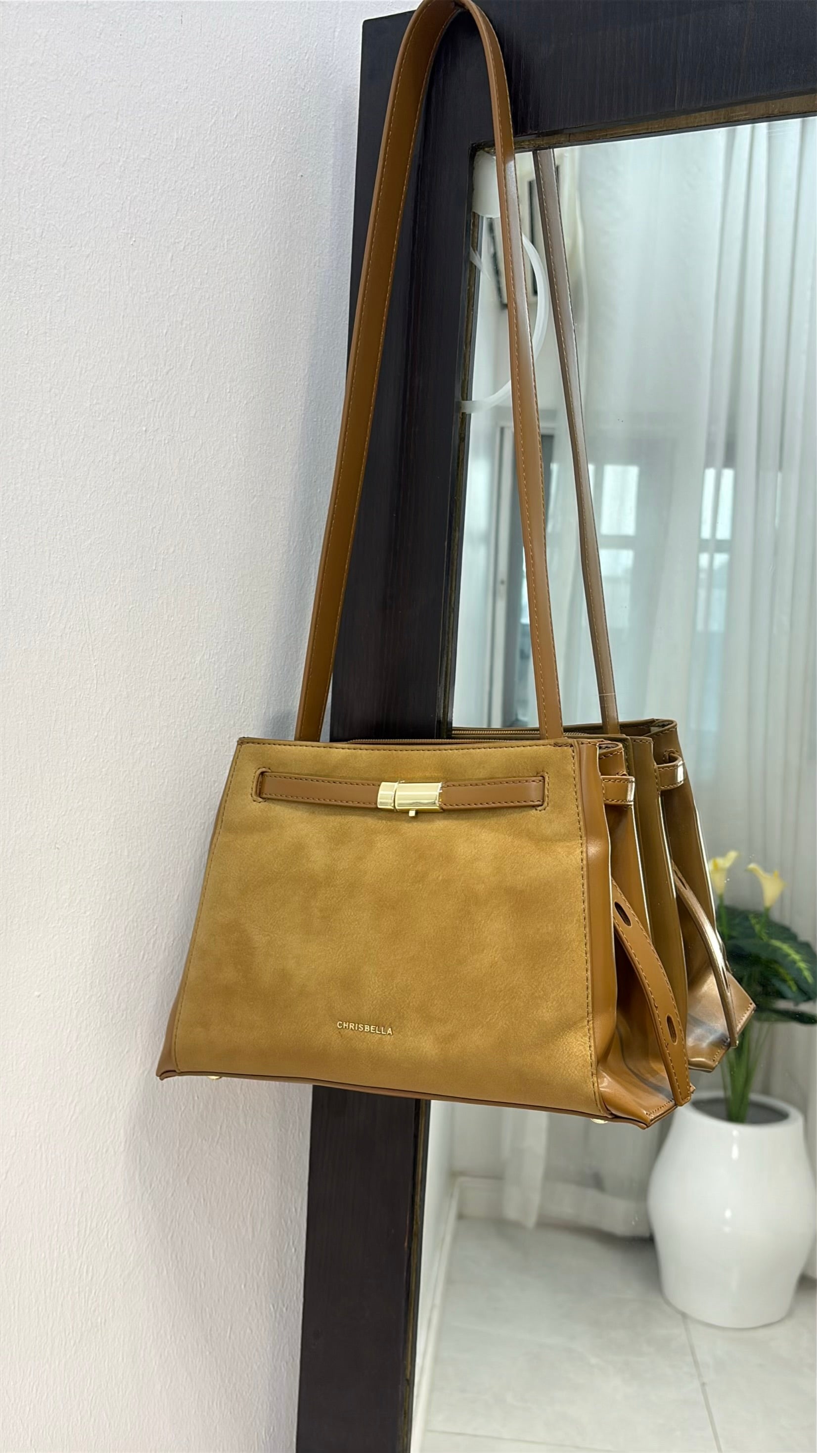 Chrisbella Top Handle Contrast Leather Bag in Brown