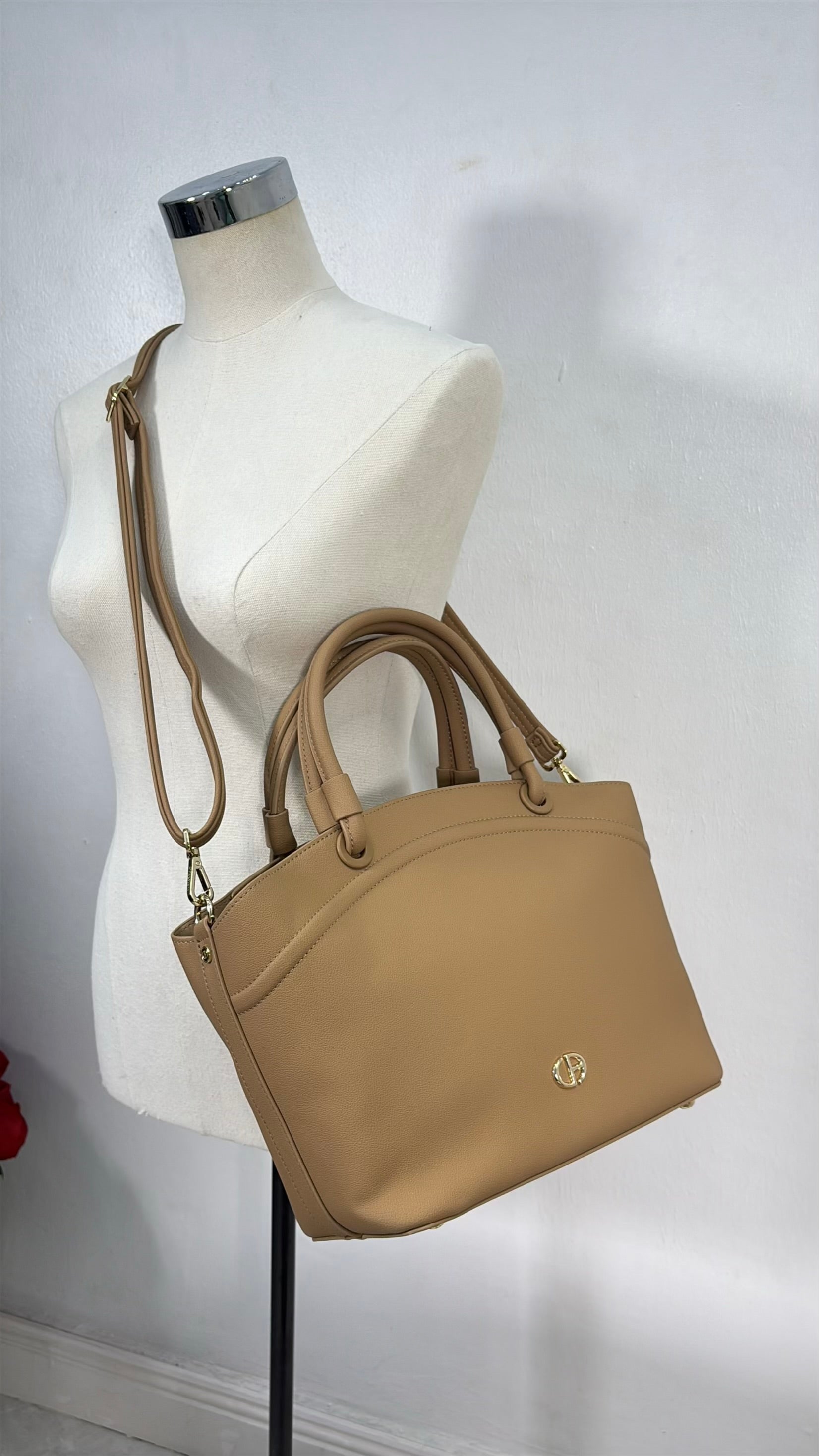 Chrisbella Triple Compartment Double Handle Bag in Beige