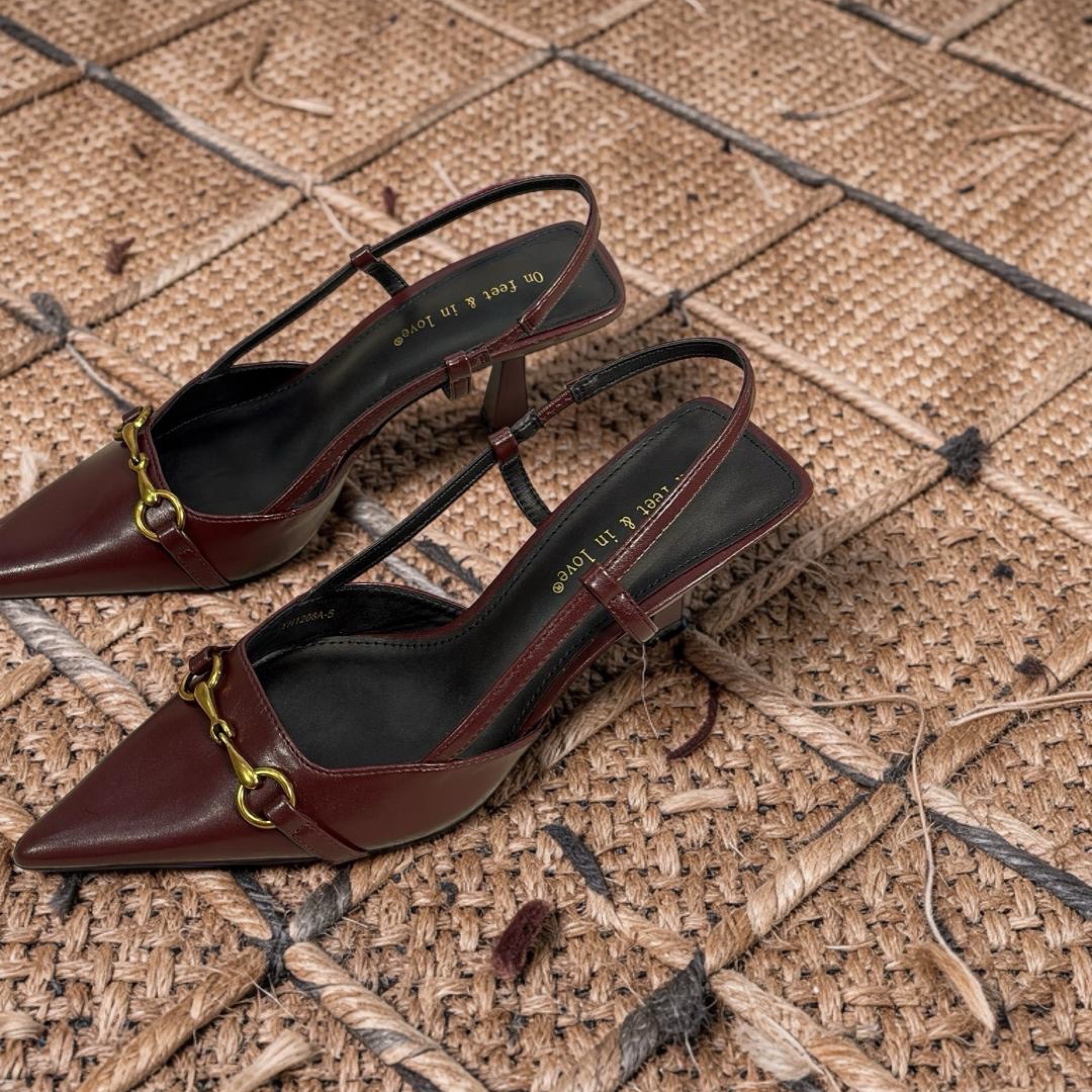 On Feet & In Love Bell Detail Pointed Toe Slingback Heels in Wine