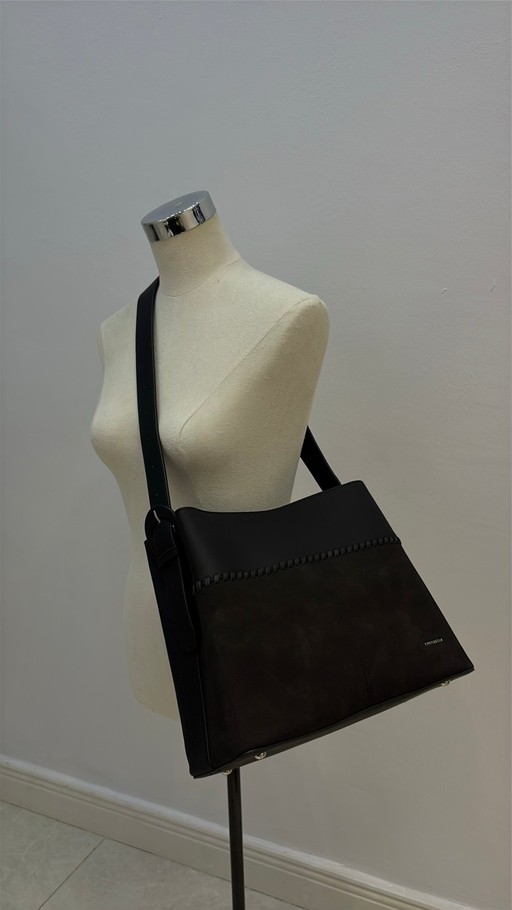 Chrisbella Single Belt Strap Bag Suede Detail Bag in Black