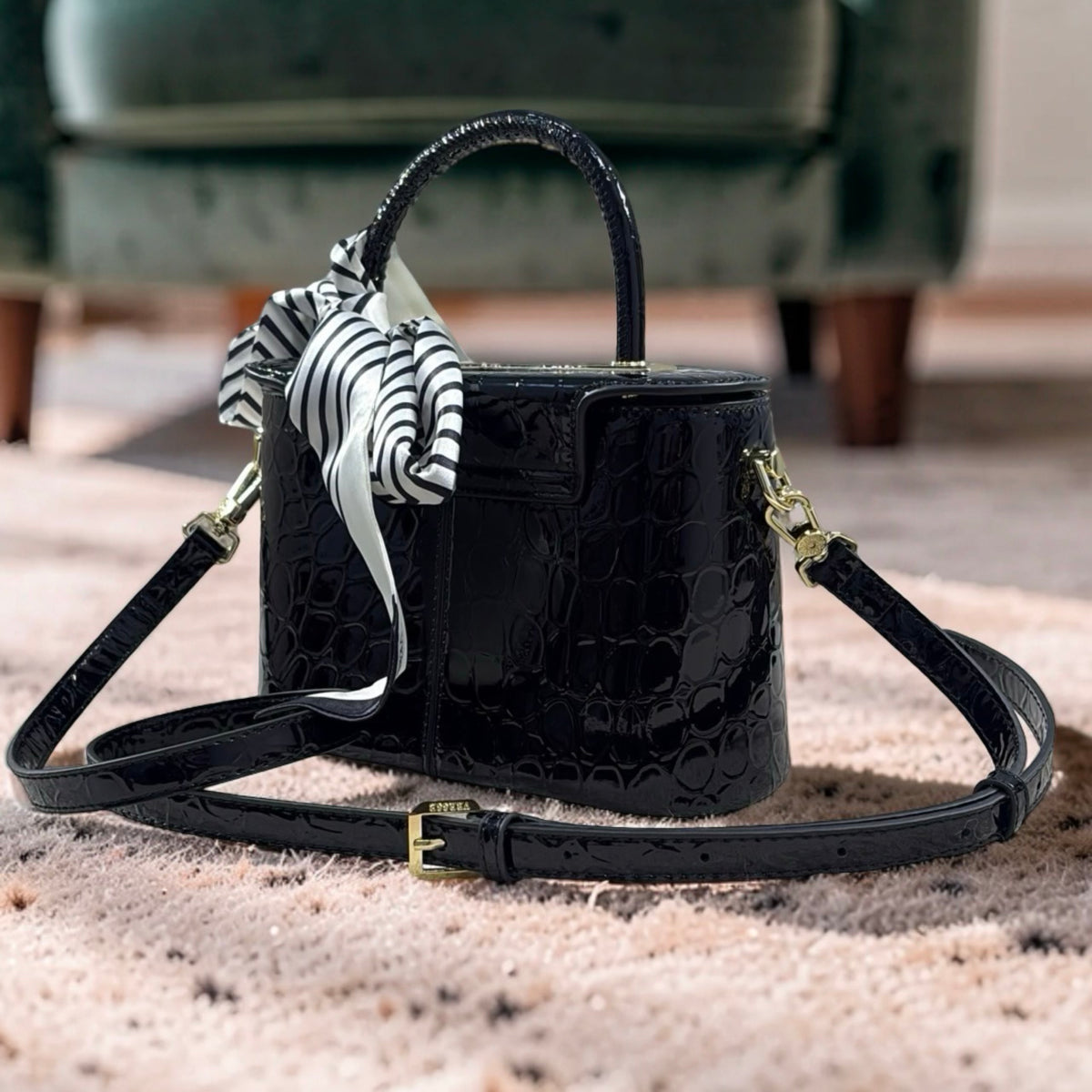 Versse Top Handle Faux Croc Skin Mini Bag in Black