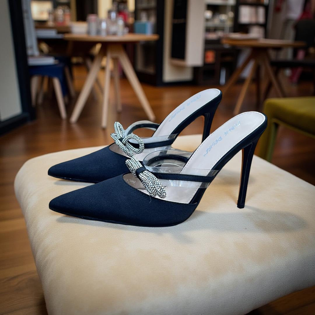 Public Desire Satin Embellished Bow Pointed Toe Mule in Black