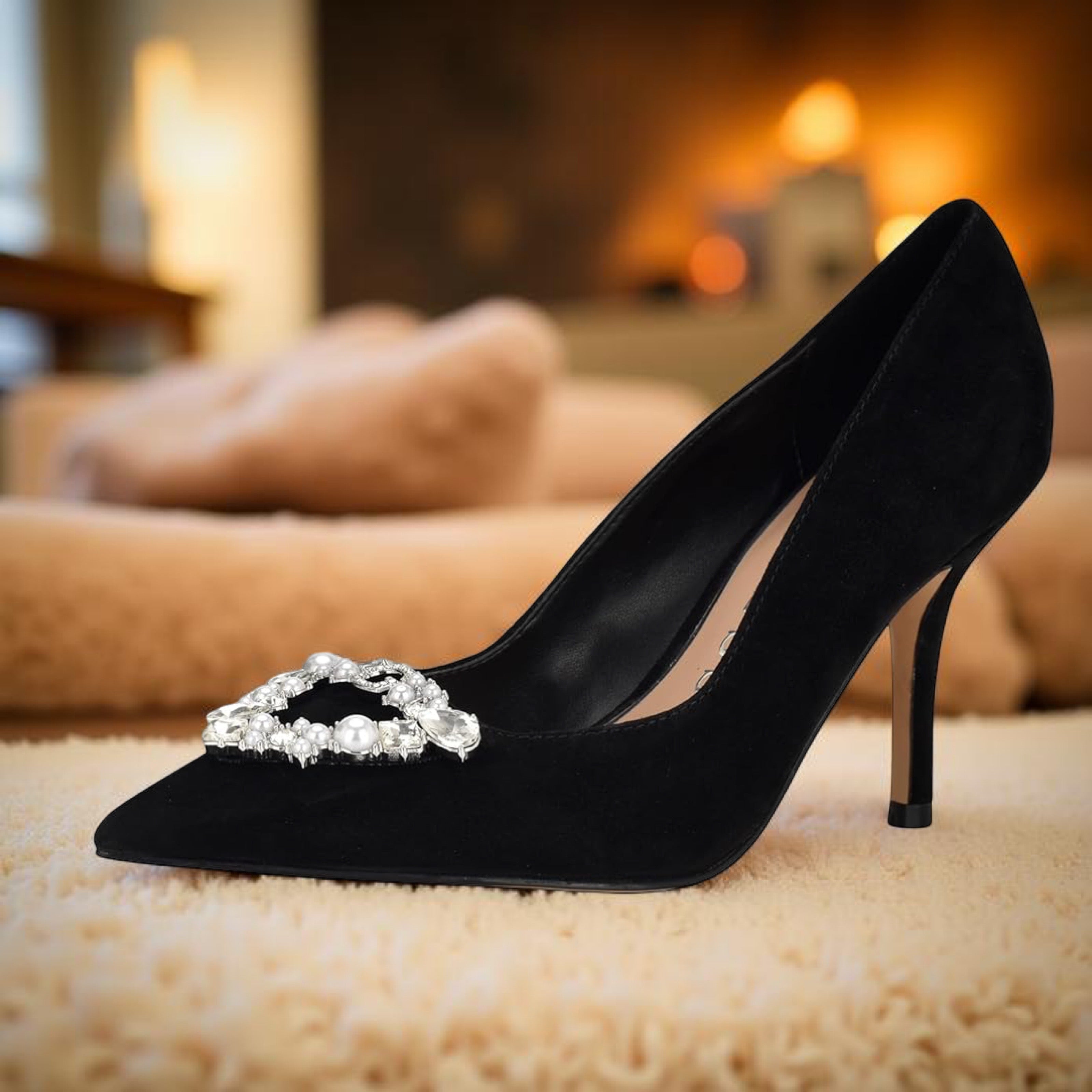 Guess Suede Pointed Toe Brooch Pump in Black