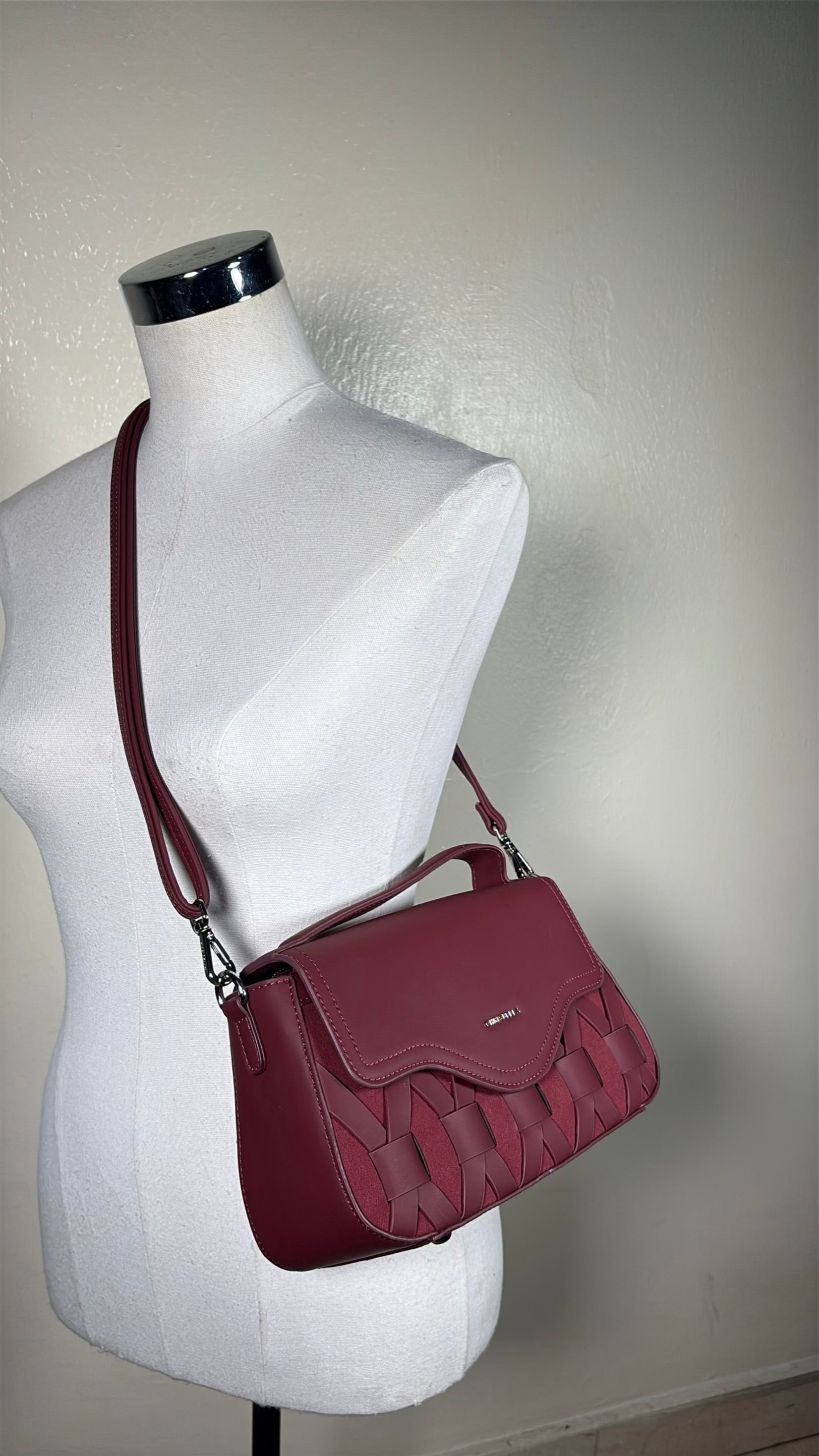 Chrisbella Top Handle Suede Detail Bag in Wine