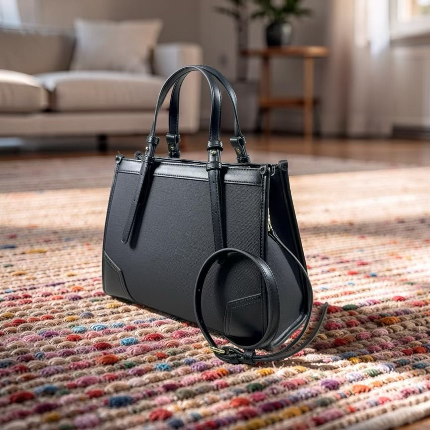 Chrisbella Double Top Handle Leather Tapping Bag in Black