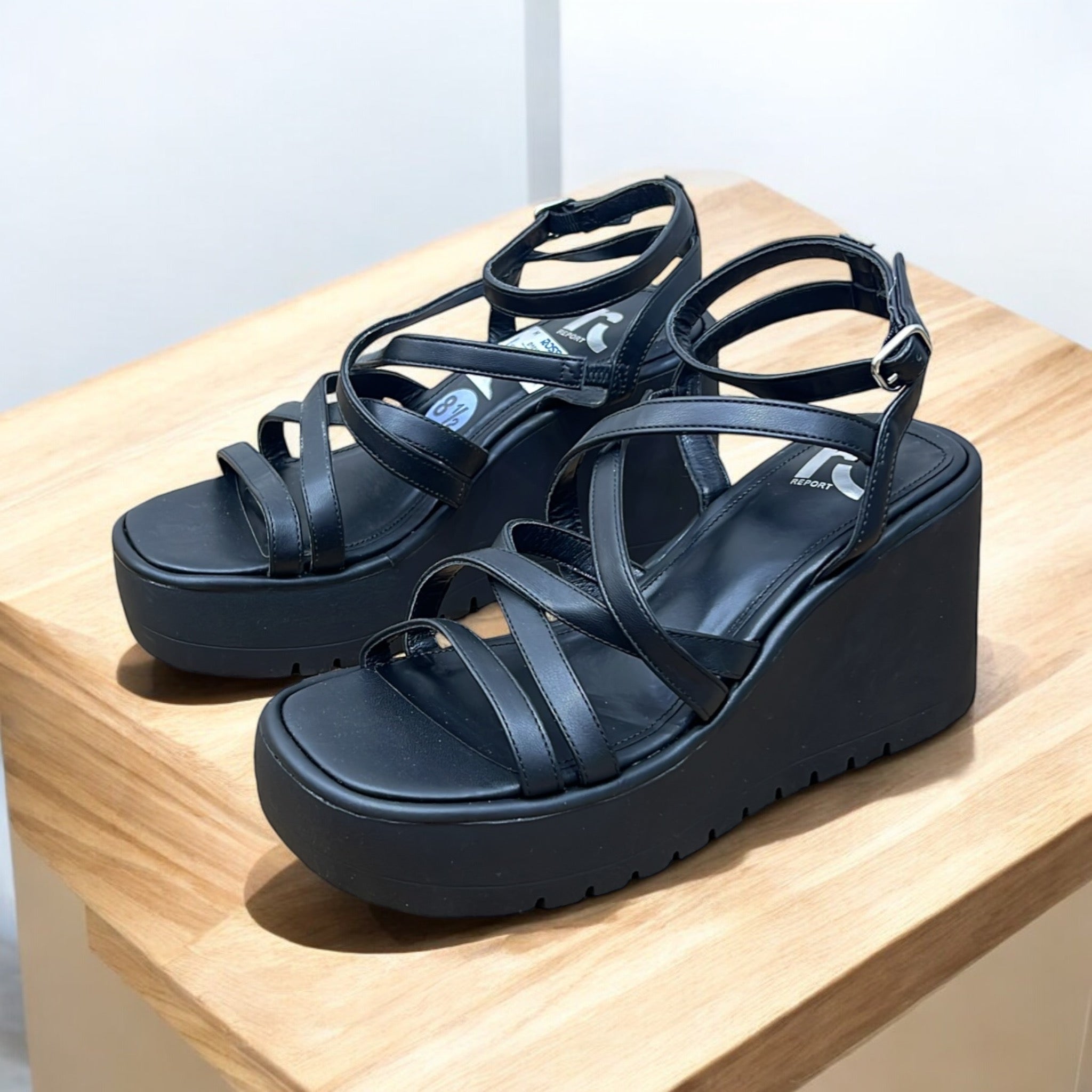 REPORT STRAPPY WEDGE SANDAL IN BLACK