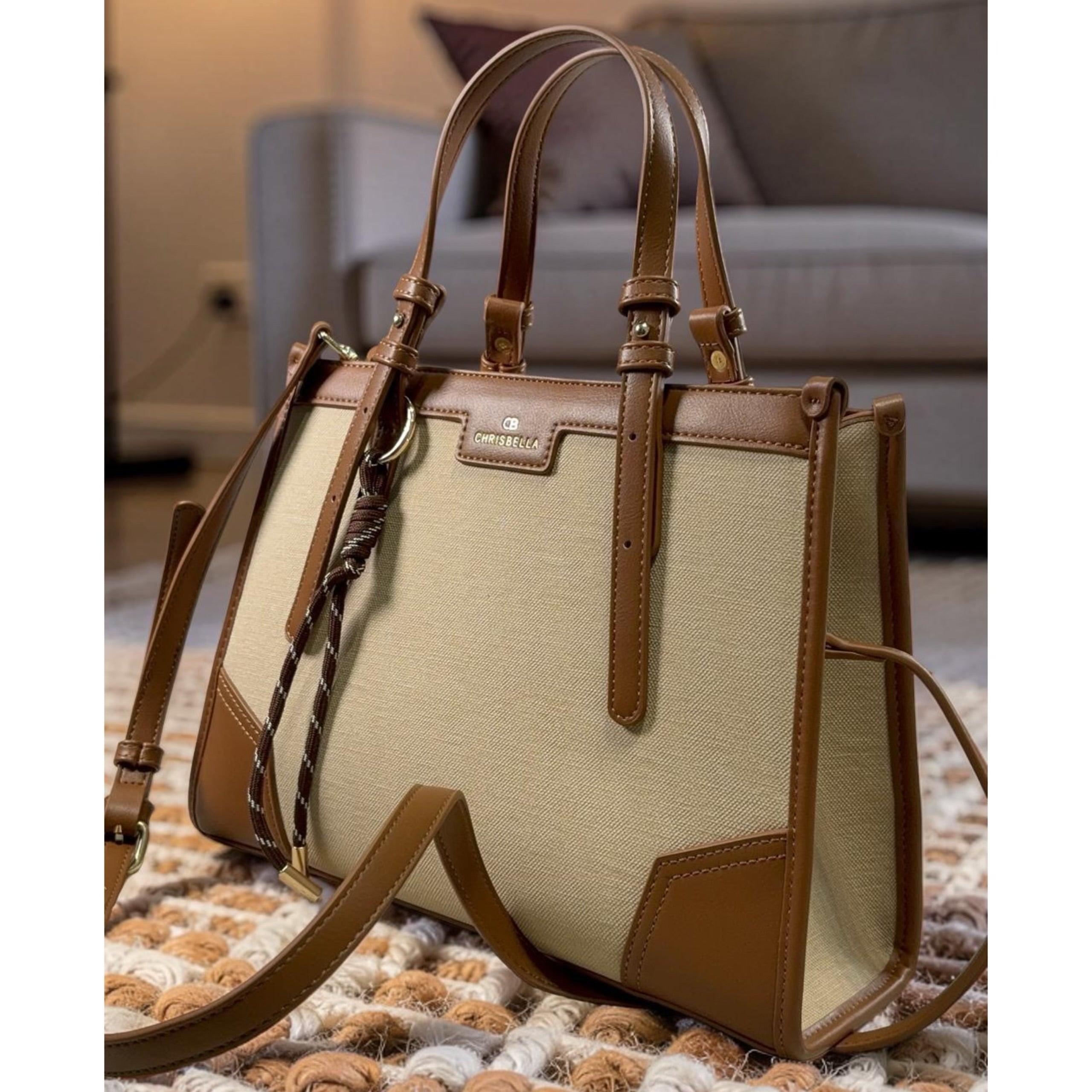 Chrisbella Double Top Handle Leather Tapping Bag in Beige