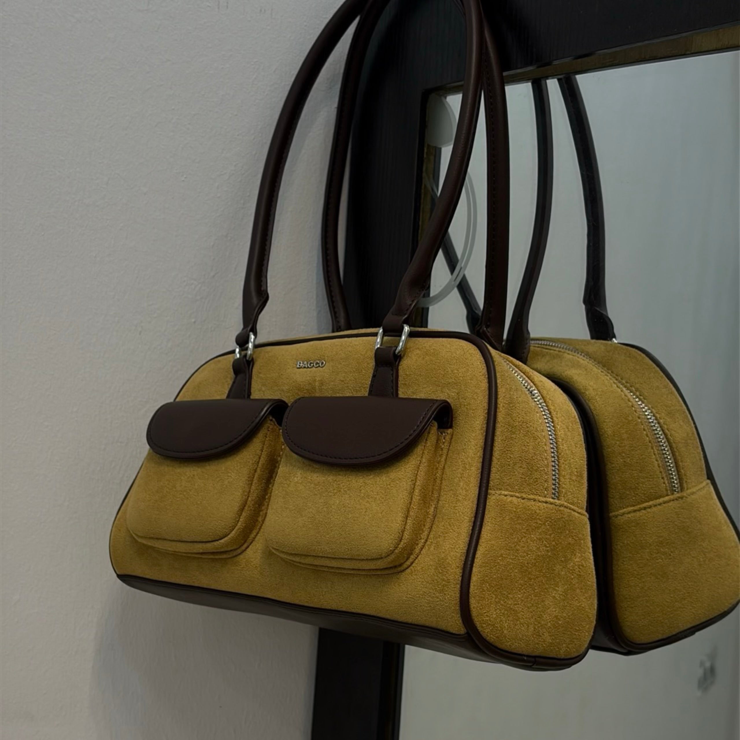 Bagco Pocket Detail Suede Bag in Coffe/Carton