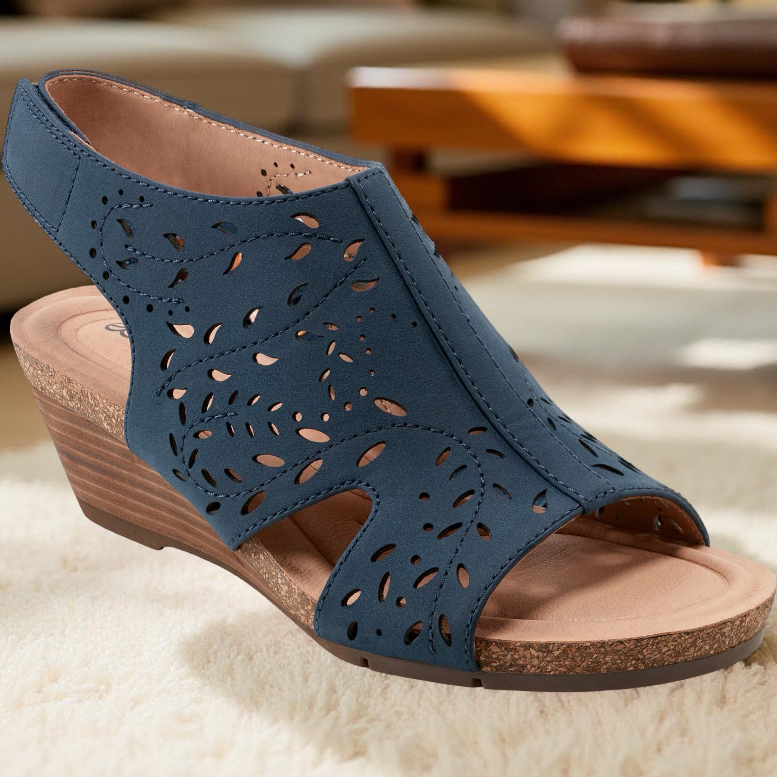 Earth Perforated Wedge Sandal in Navy