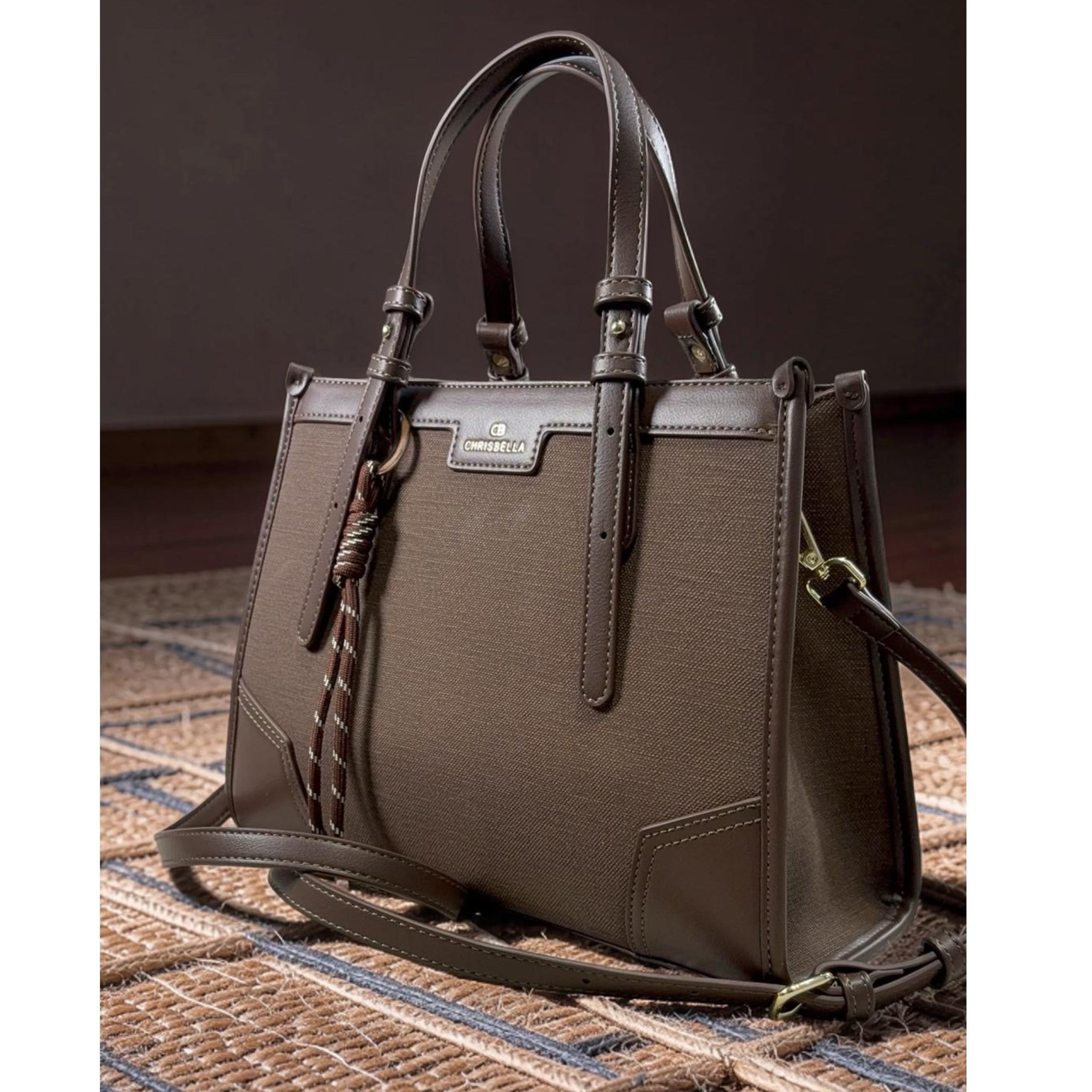 Chrisbella Double Top Handle Leather Tapping Bag in Coffee