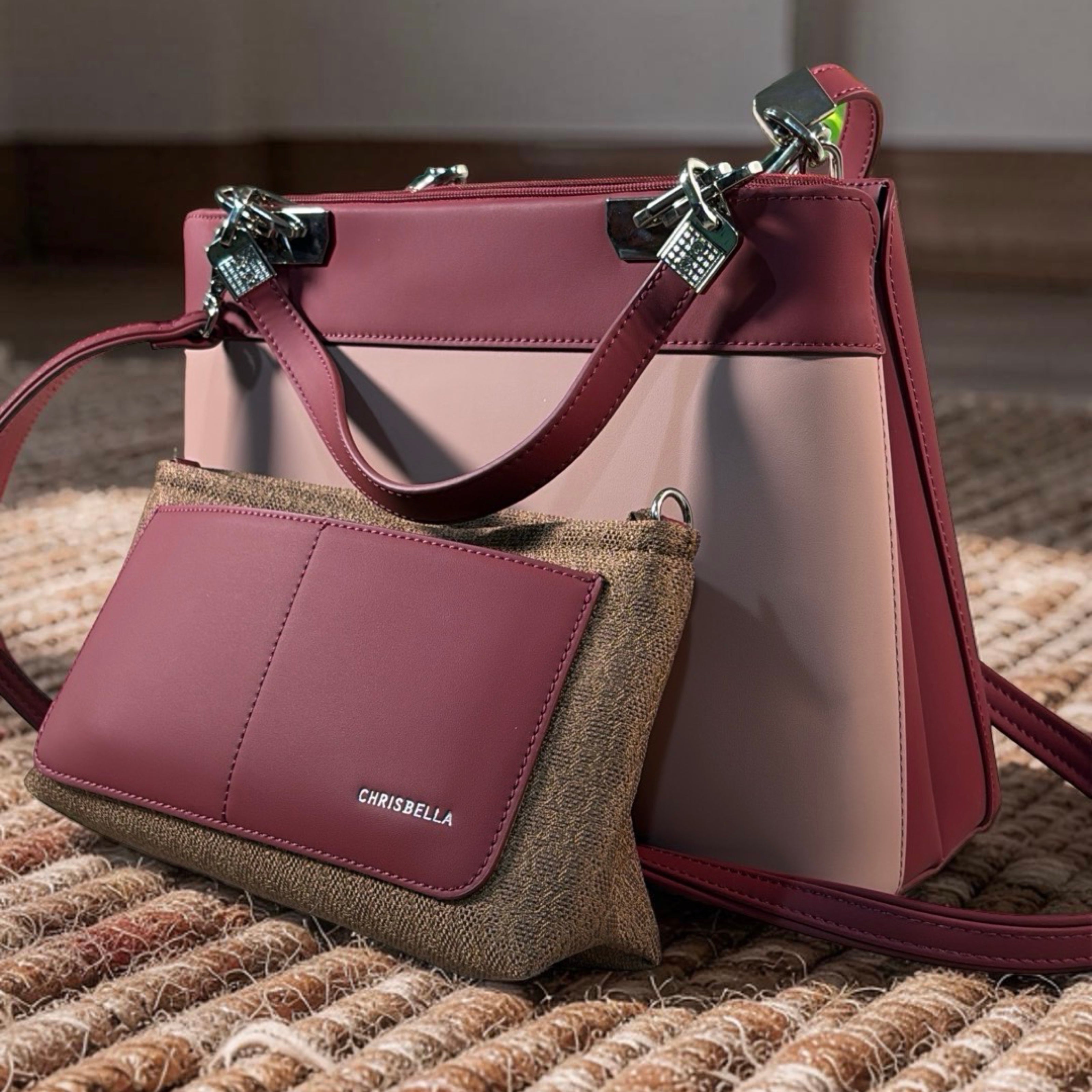 Chrisbella Metal Detail Double Handle 2-in-1 Bag in Wine