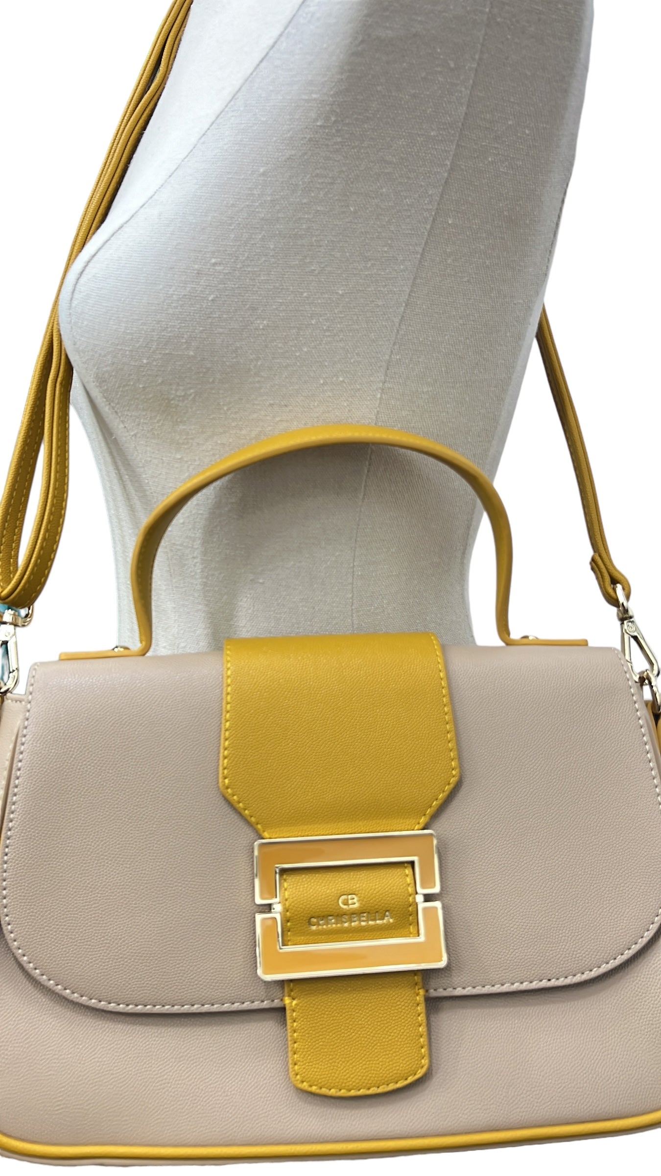 CHRISBELLA TEXTURED BUCKLE DETAIL TWO-TONE BAG IN BEIGE