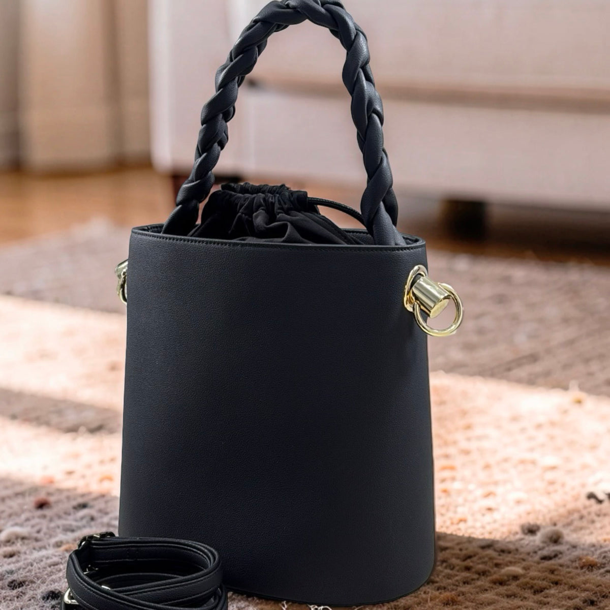 Chrisbella Drawstring Bucket Bag in Black