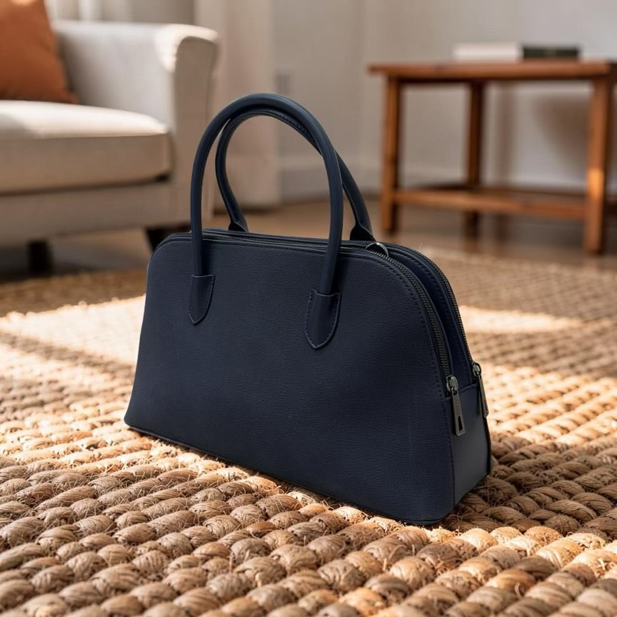 Chrisbella Double Comparment Matte Leather Bag in Navy