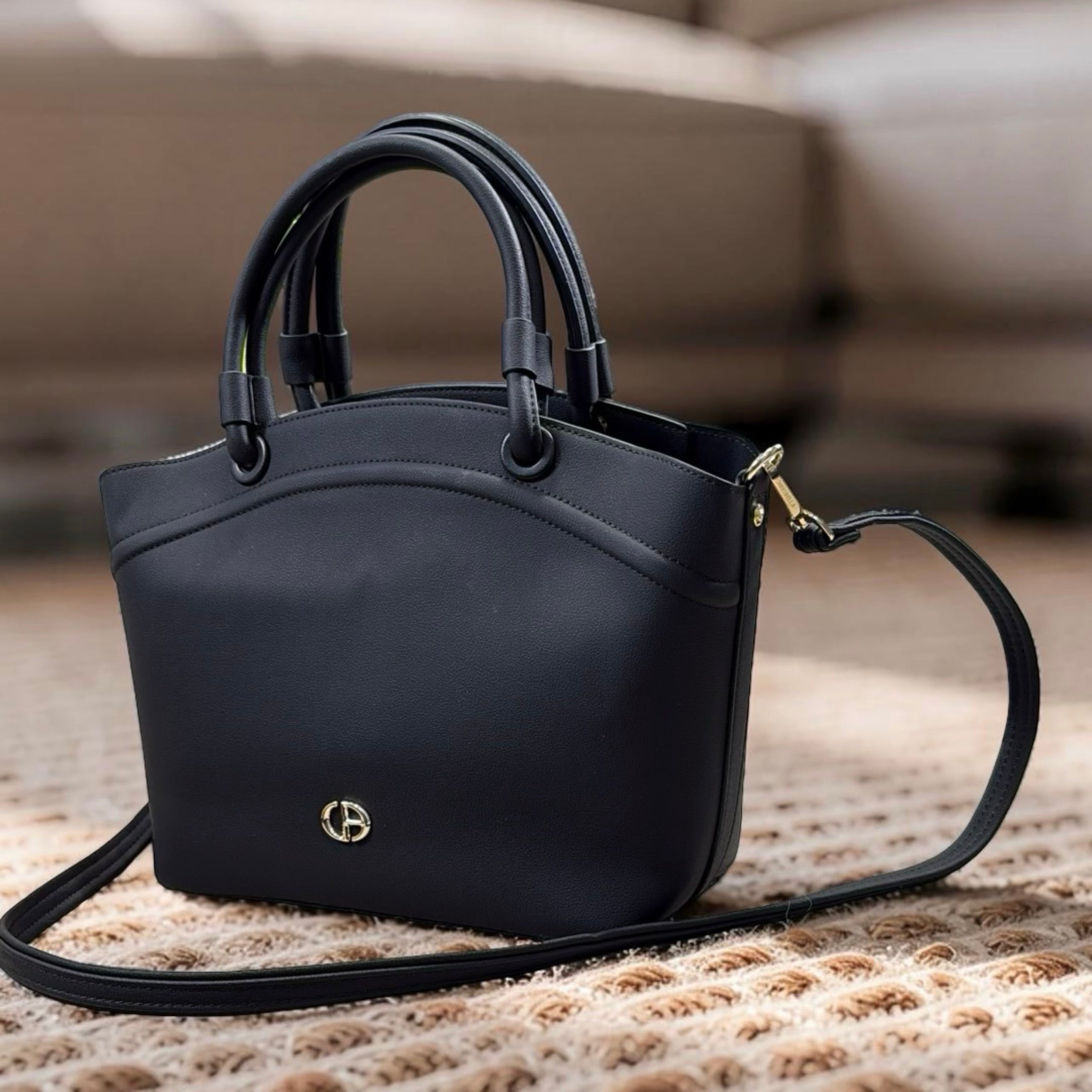 Chrisbella Triple Compartment Double Handle Bag in Beige Black