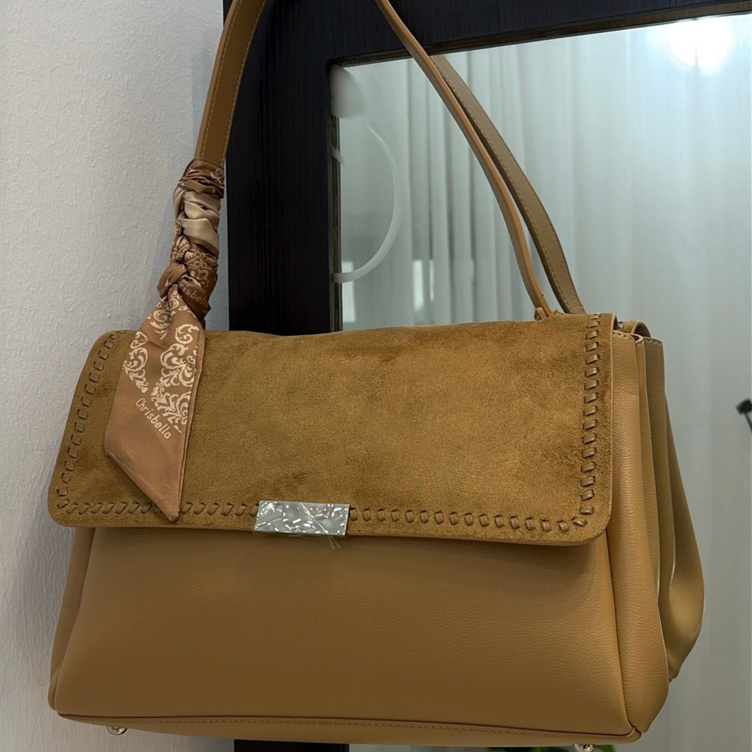 Chrisbella Suede Flap Single Shoulder Strap Bag in Beige