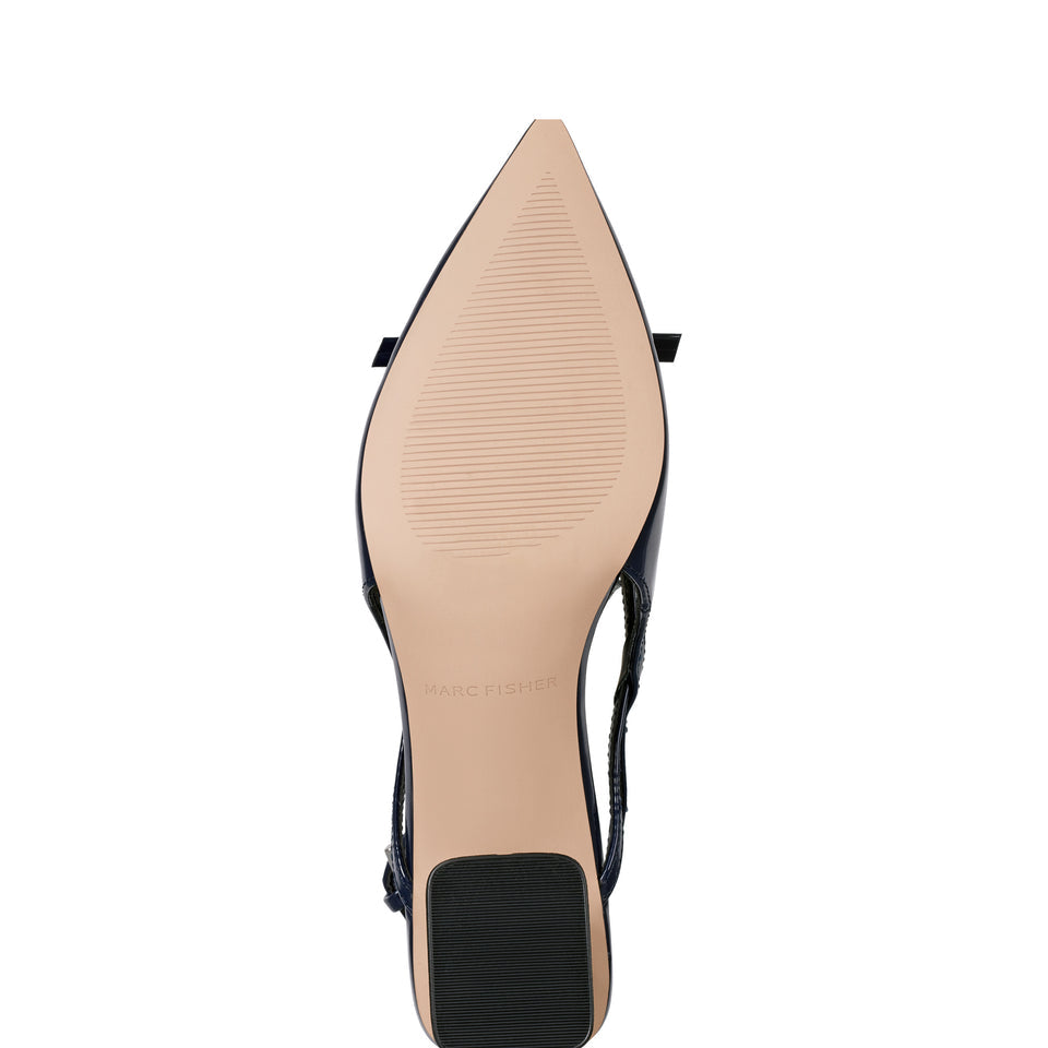Marc Fisher Pointed Toe Bow Detail Block Heel Pump in Navy