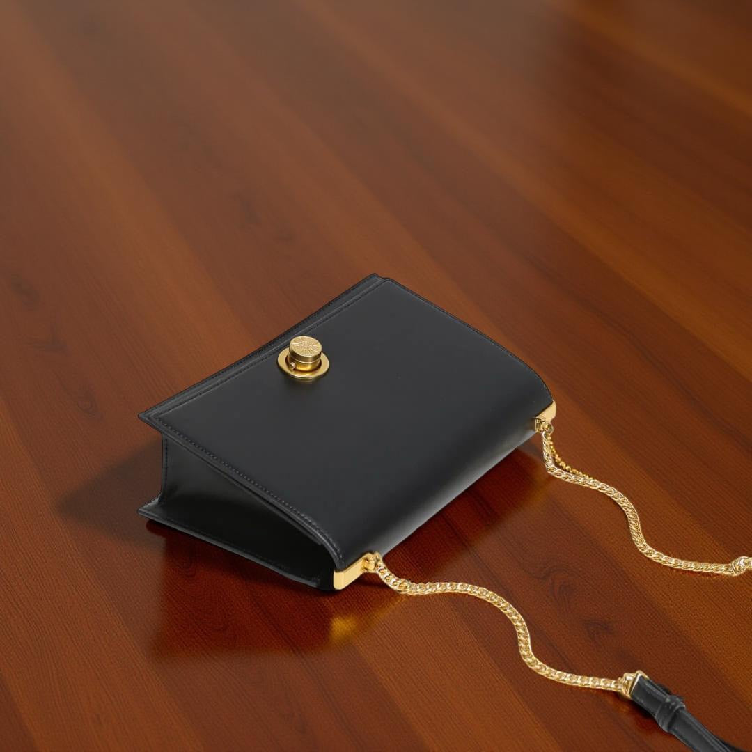 Versse Metallic Turn-Lock Chain Crossbody Bag in Black