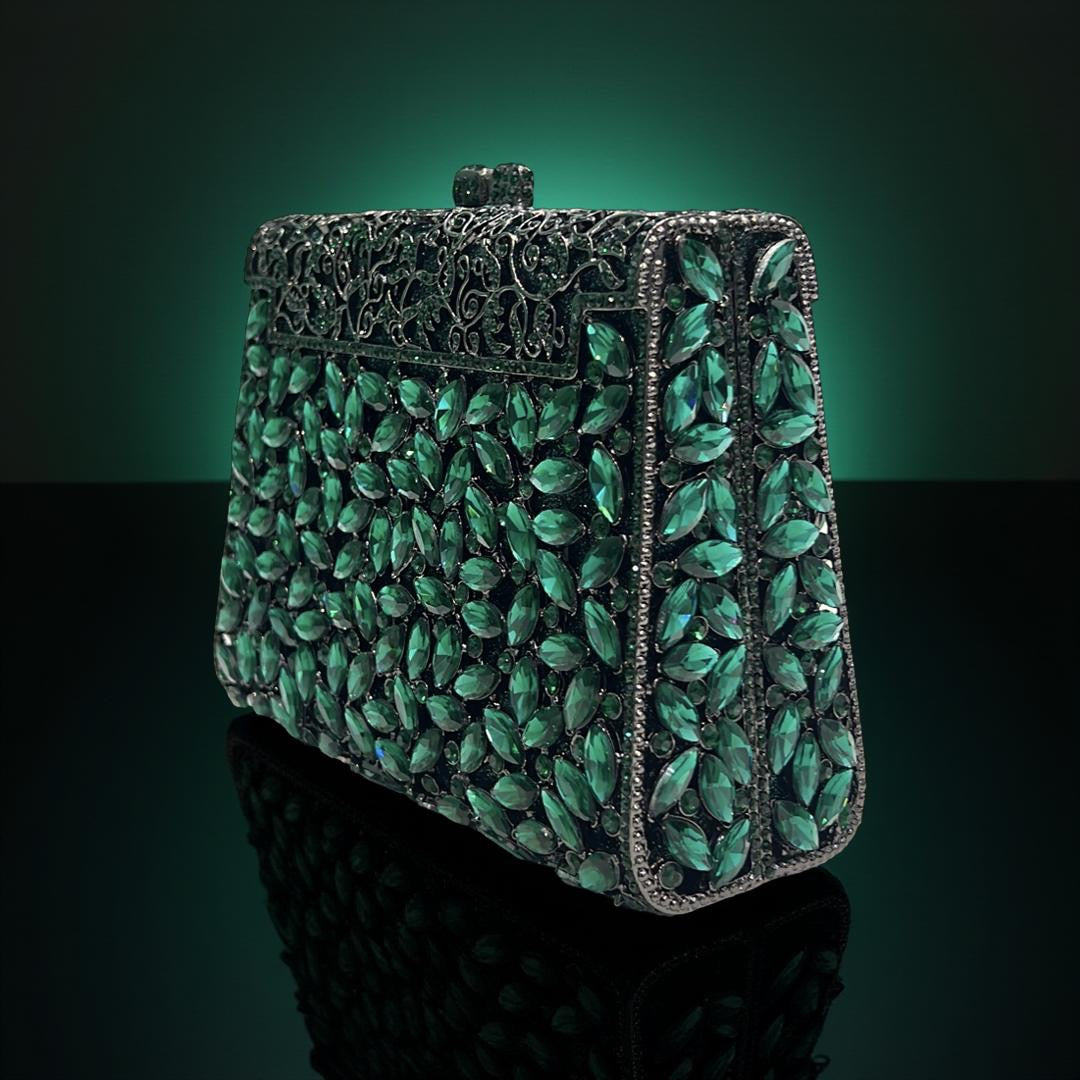 Milan Luxe Clutch Structured Party Purse with Stones in Forest Green