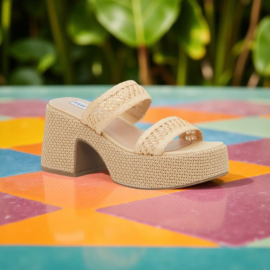 Steve Madden Platform Raffia Block Heel Mule in Natural