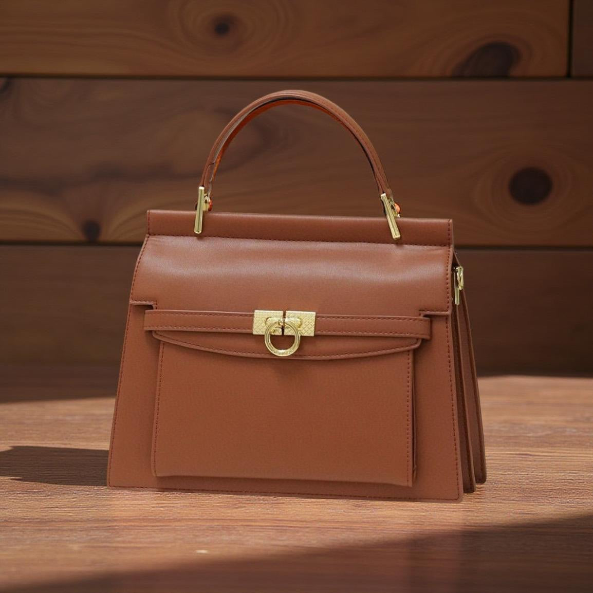 Versse Ring Detail Top Handle Leather Bag in Brown