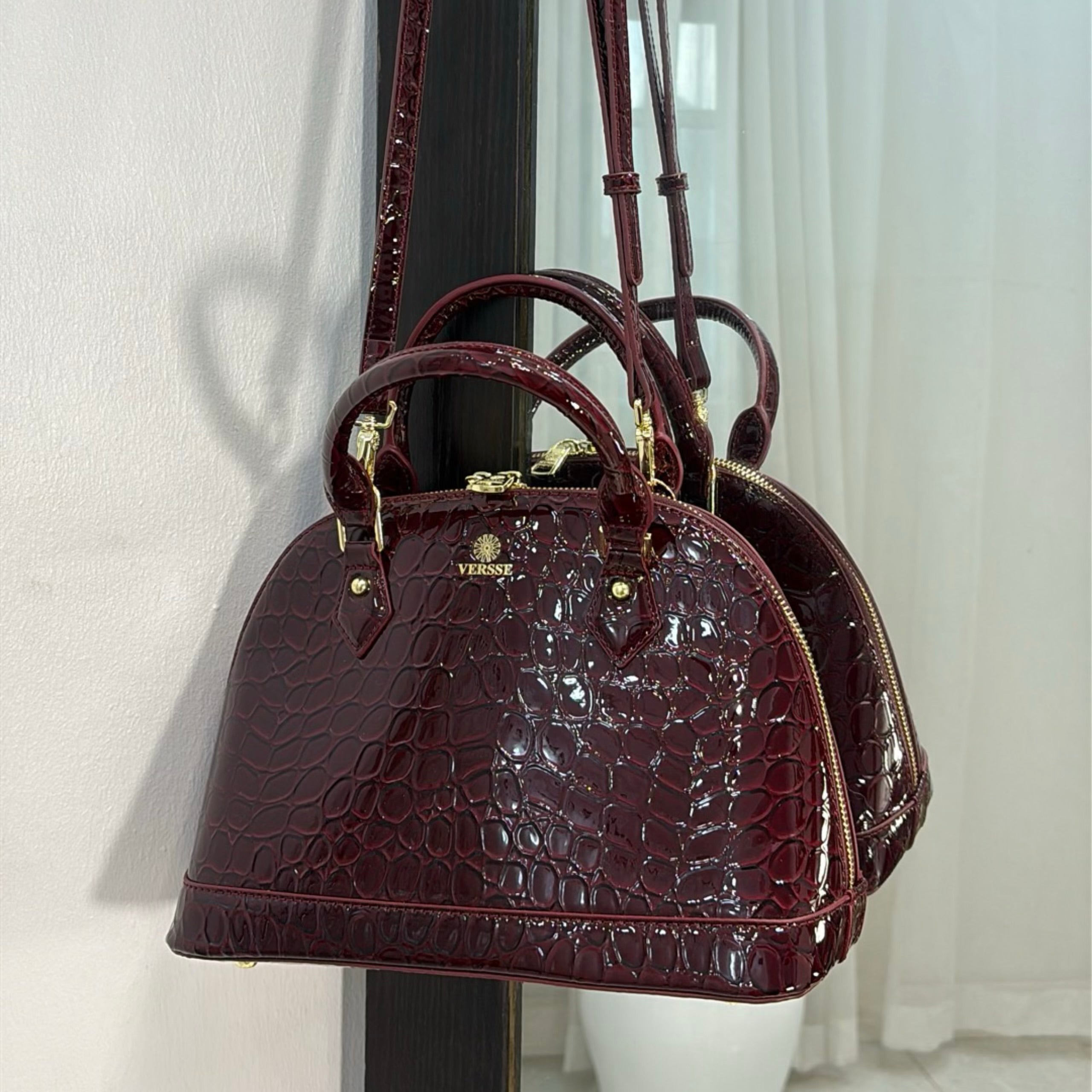 Versse Faux Croc Patent Leather Bag in Burgundy