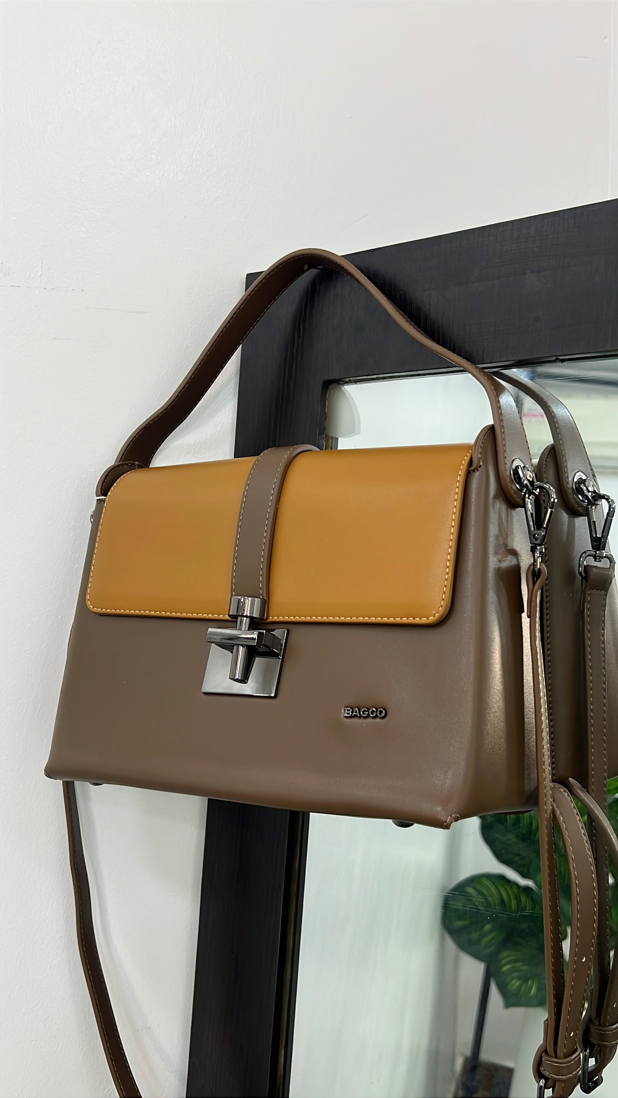 Bagco Tow-Tone Structured Top-Handle Bag in Coffee