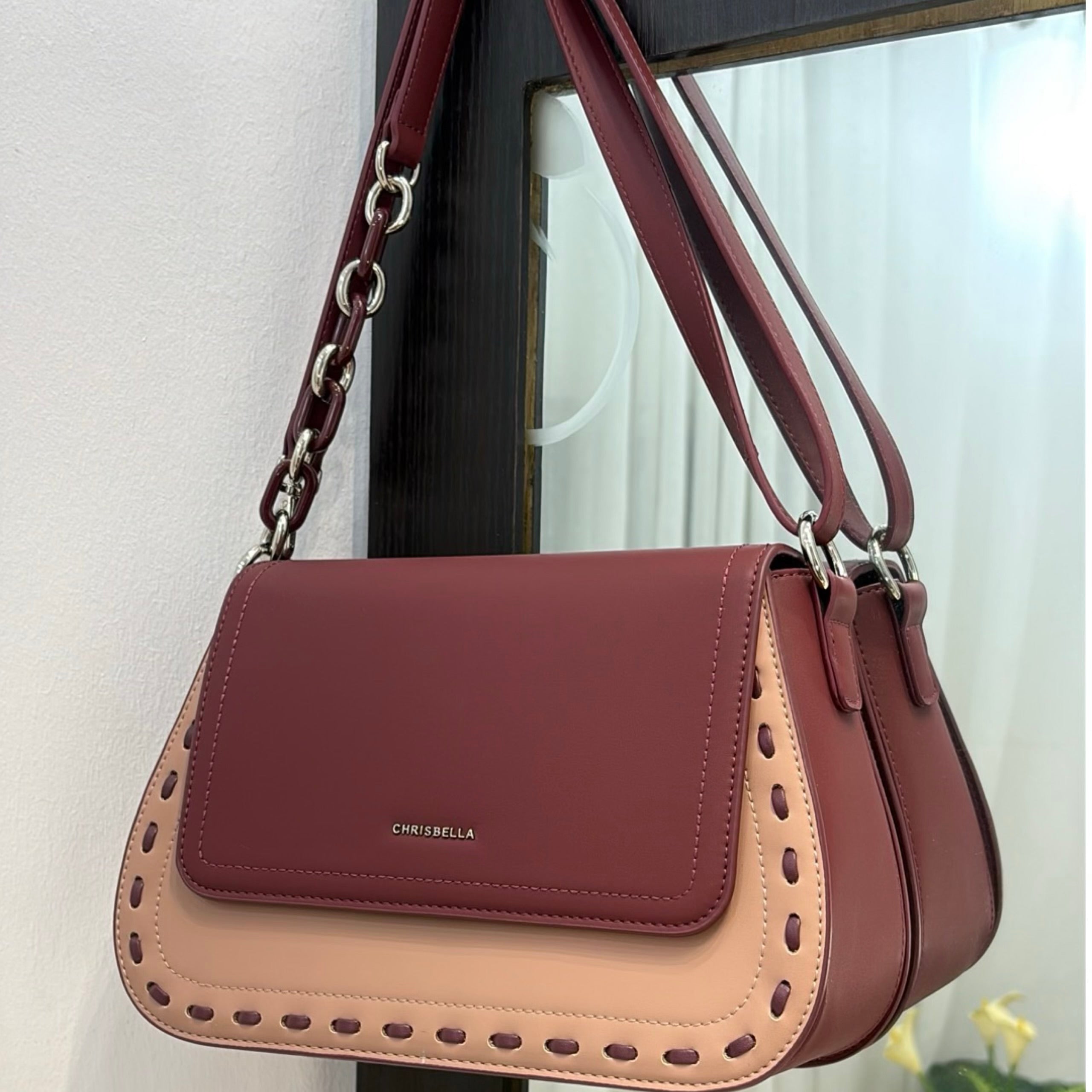 Chrisbella Flap Closure Structured Bag in Burgundy