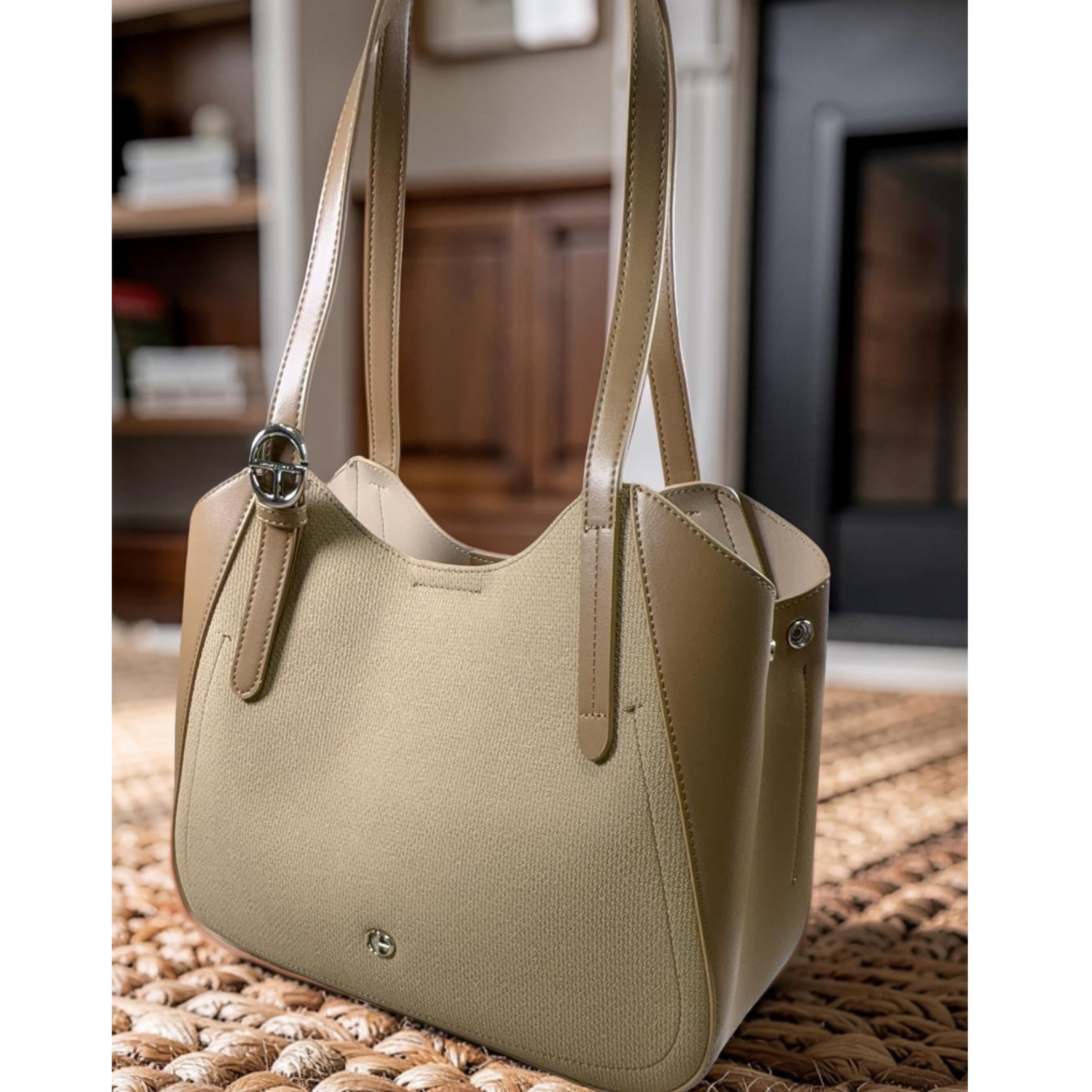Chrisbella Leather Textured Fabric Contrast Bag in Beige