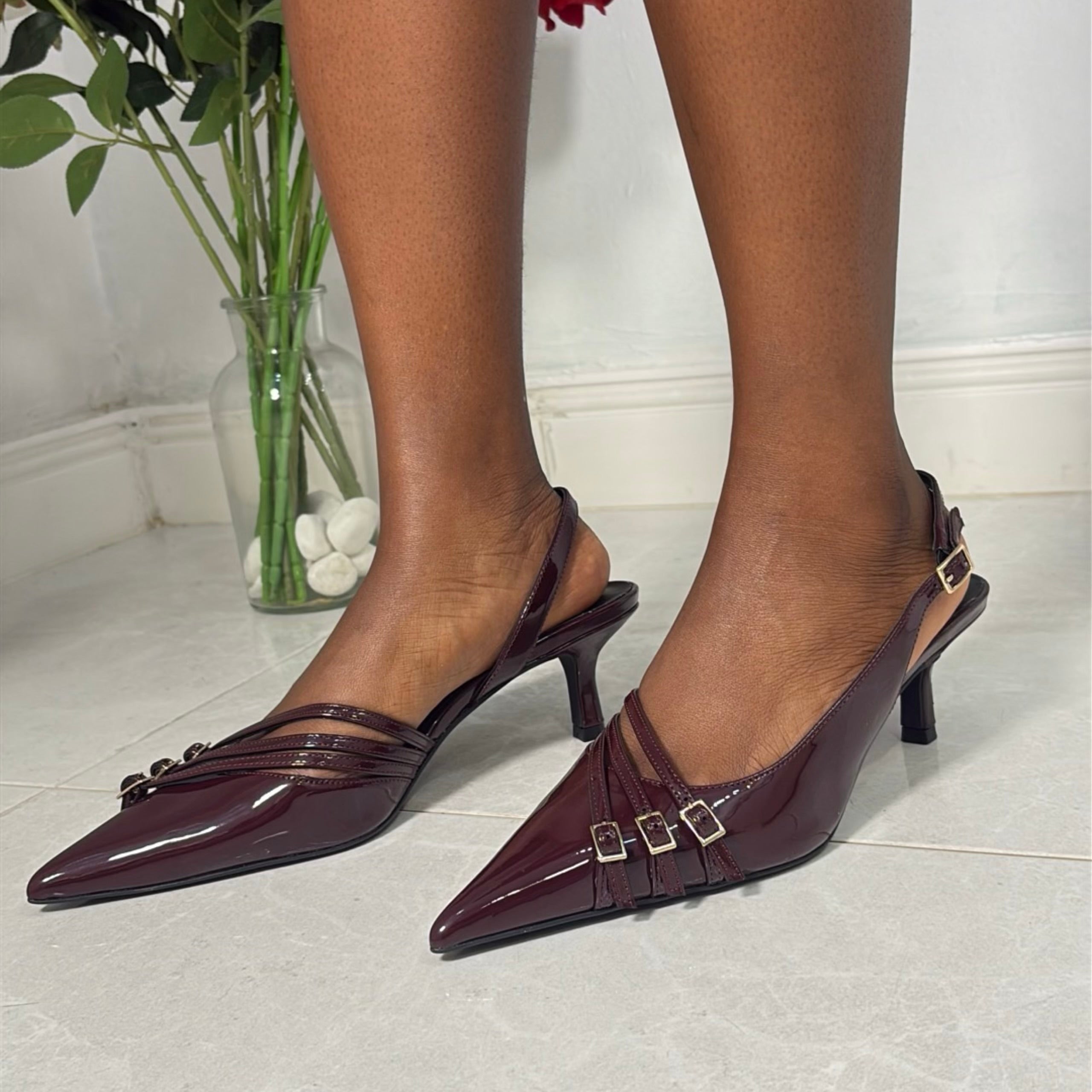 Nine West Pointed Toe Triple Buckle Pointed toe Slingback Heels in Wine