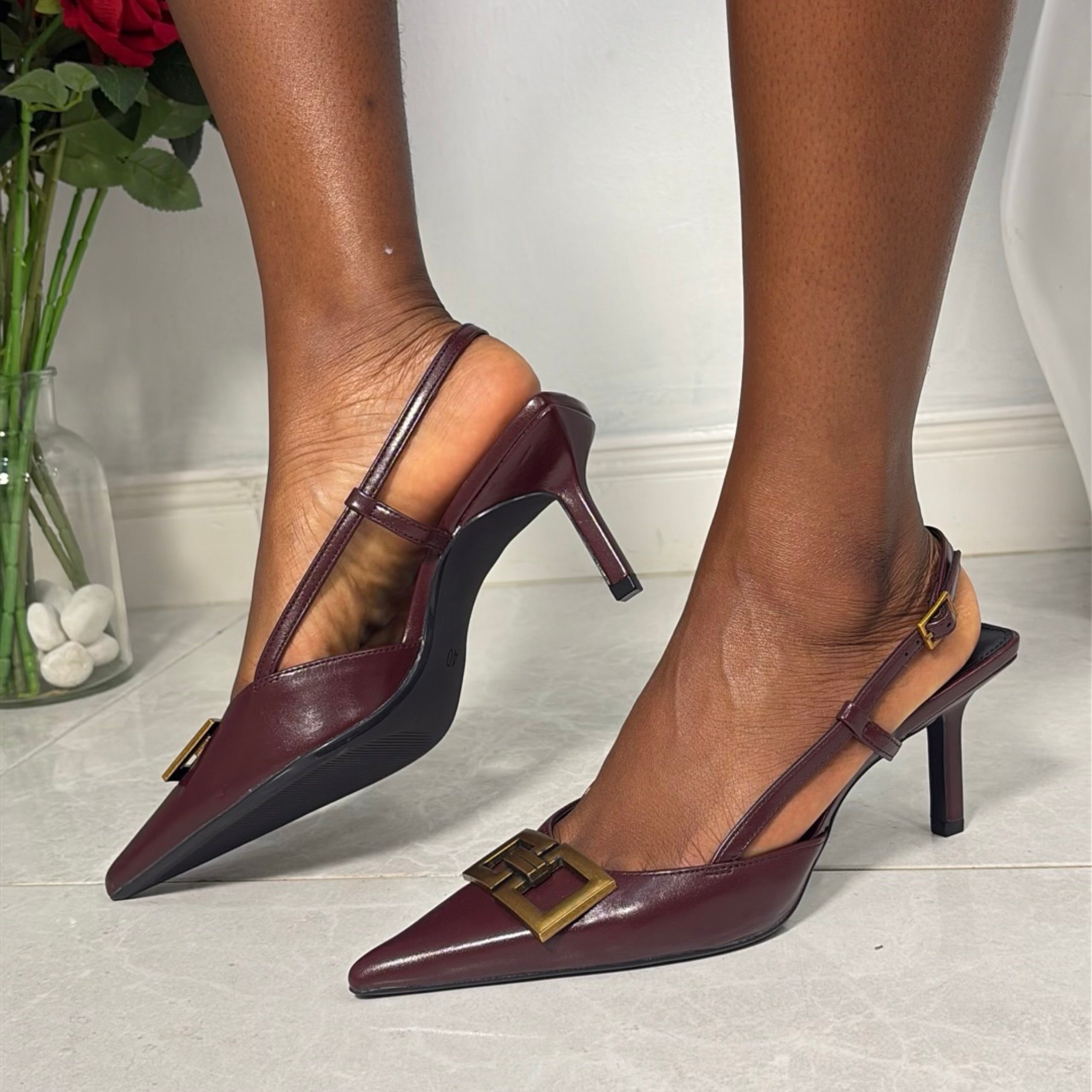 On Feet & In Love Leather Buckle Detail Slingback Heels in Wine