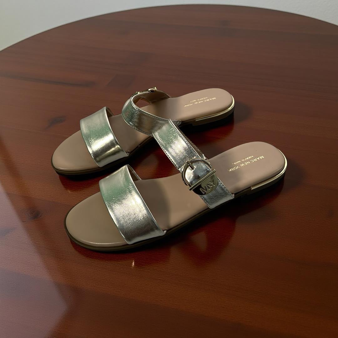 Andrew Marc Double Strap Buckle Detail Slippers in Gold