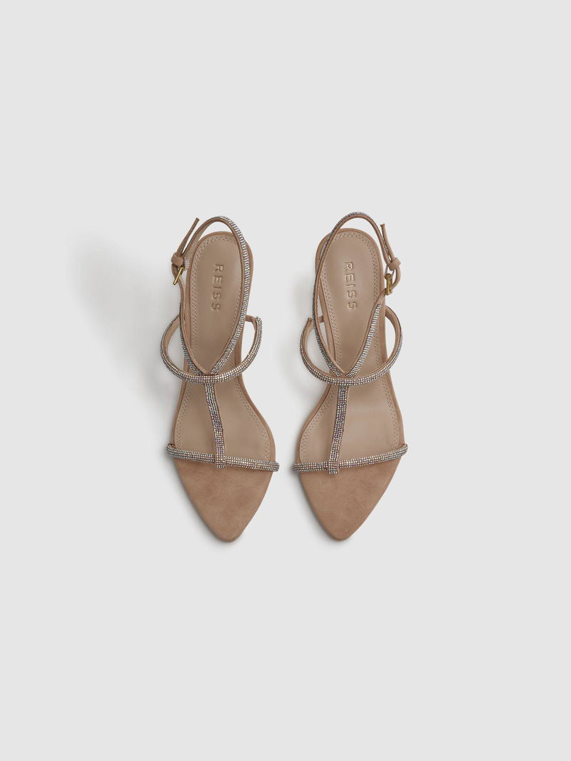 Reiss Embellsihed Strap Heeled Sandal in Eggshell